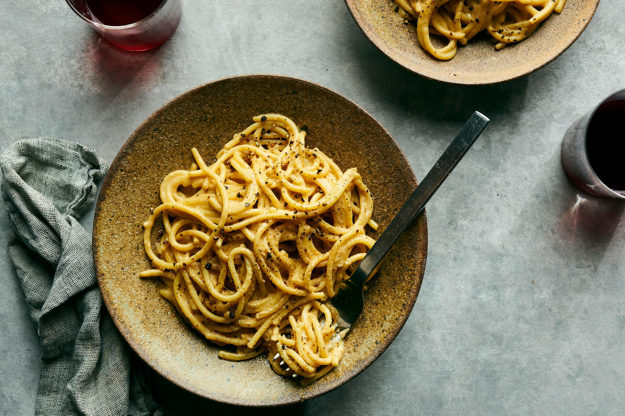 Vegan cacio e pepe, In place of cheese, this vegan, dairy-free take on the classic Roman pasta sauce uses a mix of nutritional yeast, cashew butter and miso. Food Stylist: Simon Andrews. (David Malosh/The New York Times)
