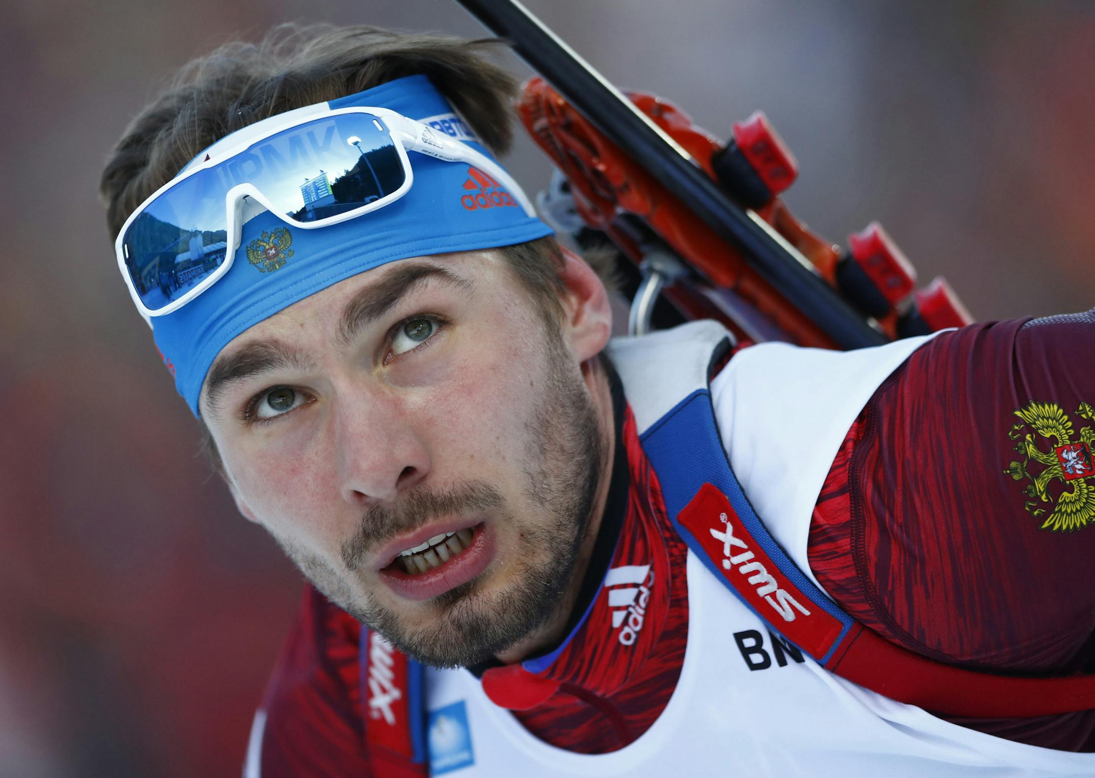 FILE - In this Jan. 10, 2018, file photo, Anton Shipulin of Russia competes during the men's 20 km individual competition at the biathlon World Cup in Ruhpolding, Germany. Shipulin, a world biathlon champion at the heart of Russia's doping scandal, has announced his retirement. (AP Photo/Matthias Schrader, File)