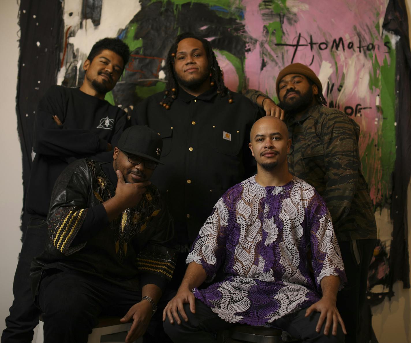 ZuluZuluu are, Trelly Mo, left, and Proper T, front row, and back row from left, DJ Just Nine, Mmyykk, and Greg Grease. ] JEFF WHEELER &#xef; jeff.wheeler@startribune.com The cosmic, Afrocentric electro-hip-hop group ZuluZuluu won for best album in the Twin Cities Critics Tally 2016. They were photographed Wednesday evening, December 21, 2016 in the City Wide Artists Gallery in Minneapolis.