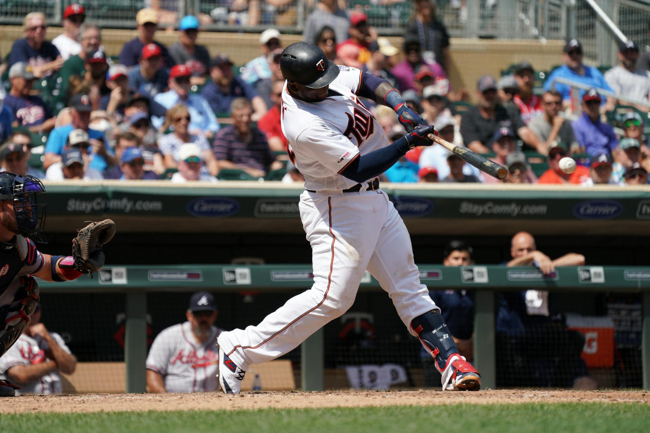 Minnesota Twins third baseman Miguel Sano (22) connected with the ball for a base hit in the sixth inning.