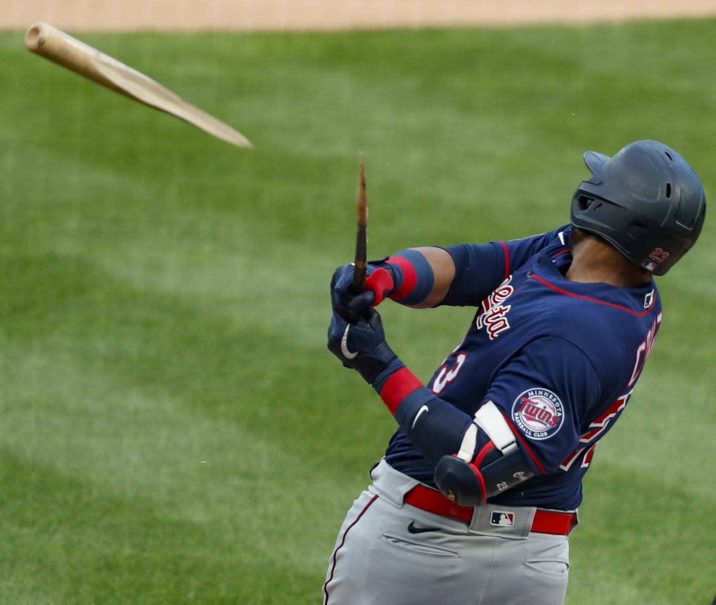 Minnesota Twins' Nelson Cruz gets a broken bat single off Pittsburgh Pirates starting pitcher Trevor Williams in the first inning of a baseball game, Wednesday, Aug. 5, 2020, in Pittsburgh. (AP Photo/Keith Srakocic)