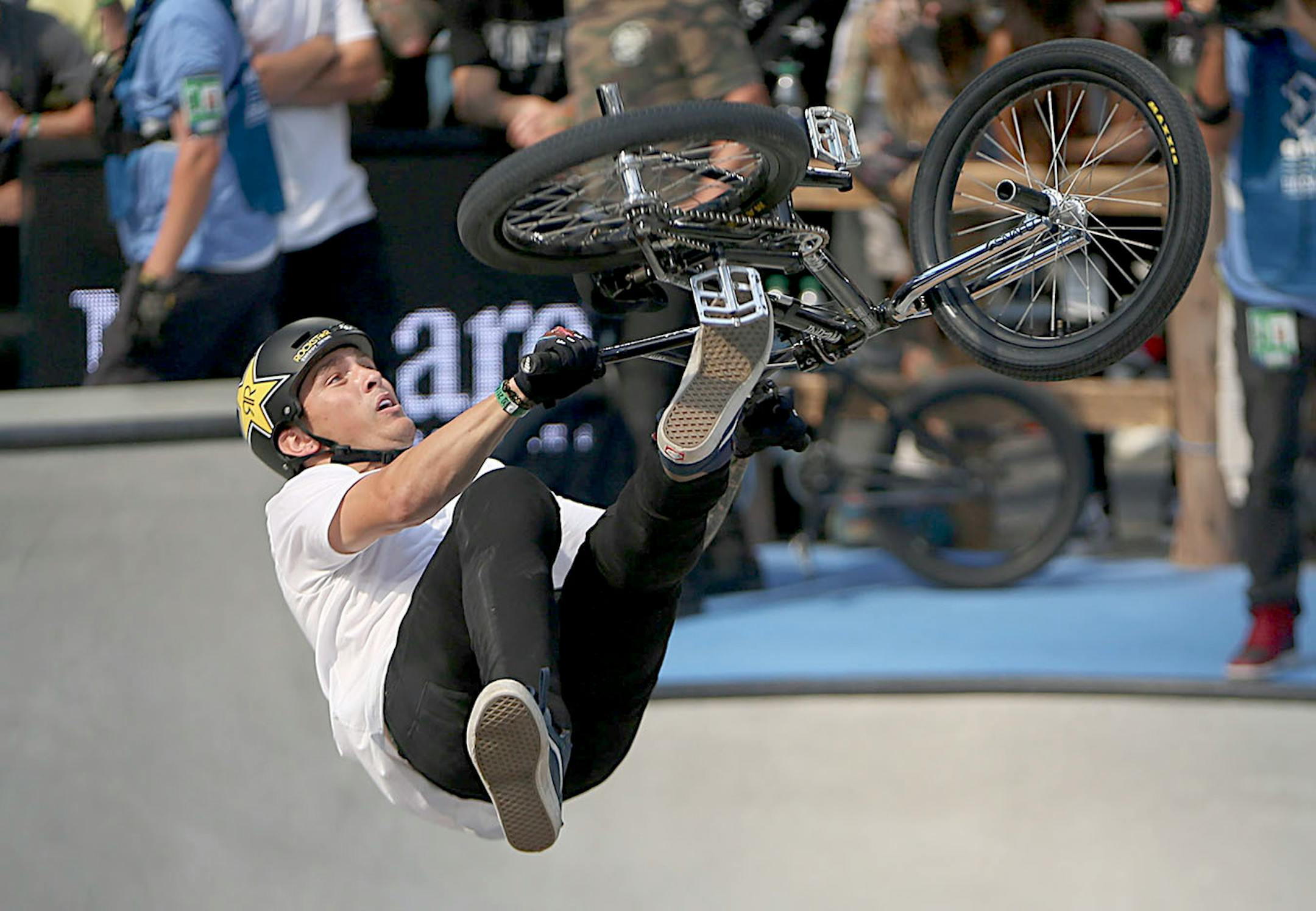 Logan Martin, the eventual gold medal winner, pulls off a trick in the men's BMX park final.