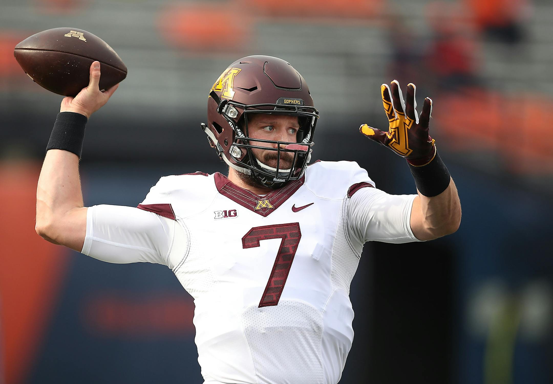 Minnesota's quarterback Mitch Leidner took to the field for warm up before Minnesota took on Illinois at Memorial Stadium, Saturday, October 29, 2016 in Champaign, IL.
