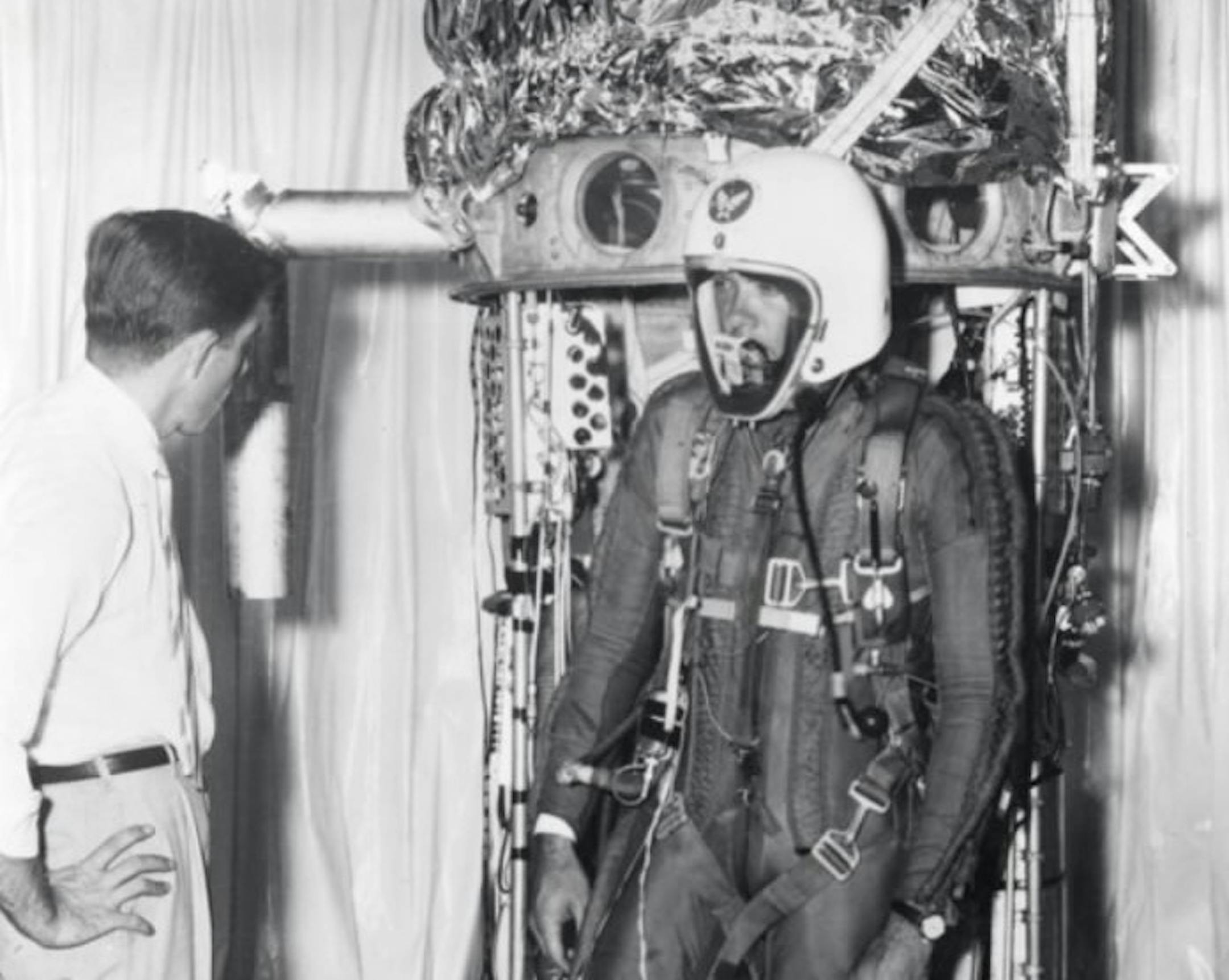 On Aug. 20, Air Force scientist Major David G. Simons set a new record for balloonists of approximately 102,000 feet. Here, Simons is shown in front of the balloon capsule.
