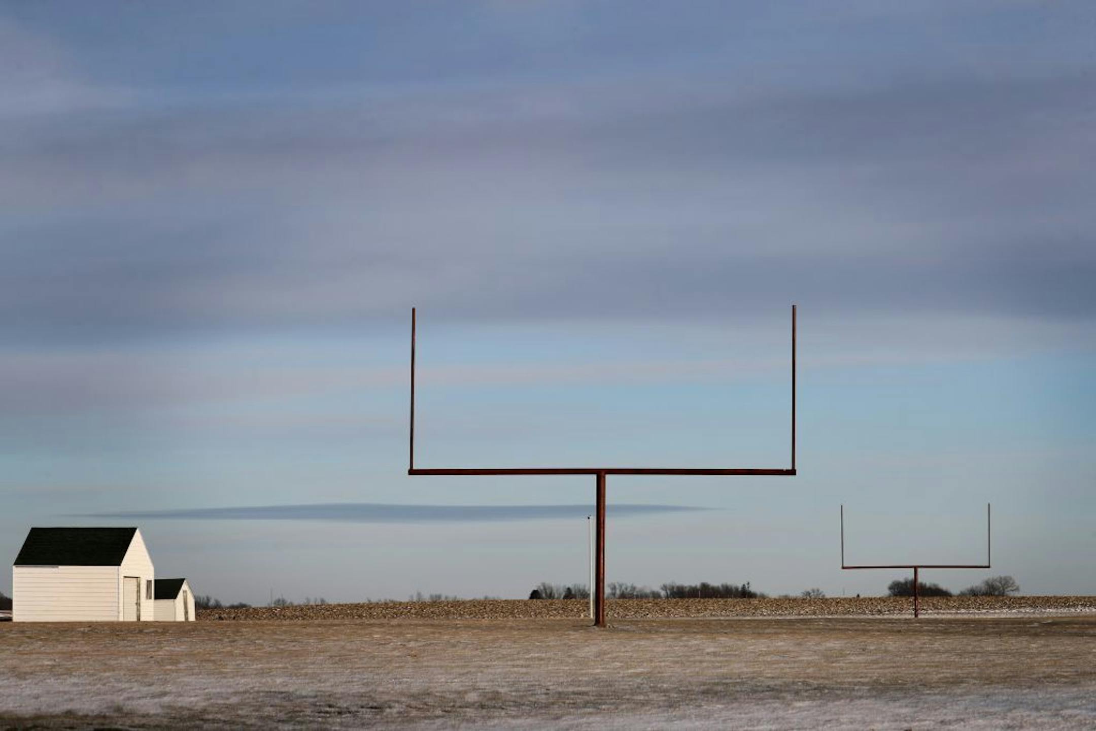 The football field at Blue Earth Area High School seen late in the afternoon.