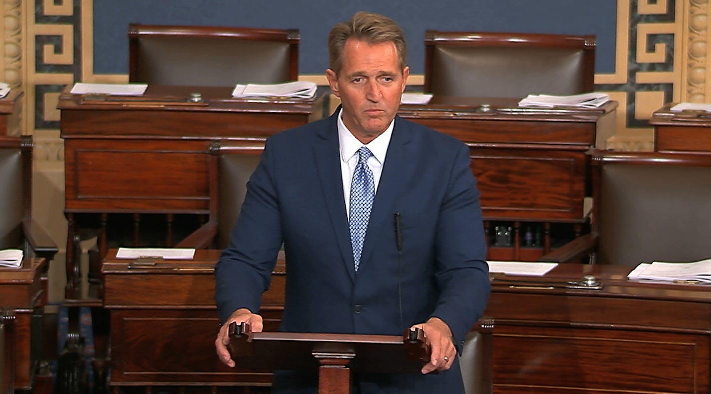 In this image from video from Senate Television, Sen. Jeff Flake, R-Ariz., speaks on the Senate floor Tuesday, Oct. 24, 2017, at the Capitol in Washington. Flake announced he will not run for re-election in 2018. (Senate TV via AP)