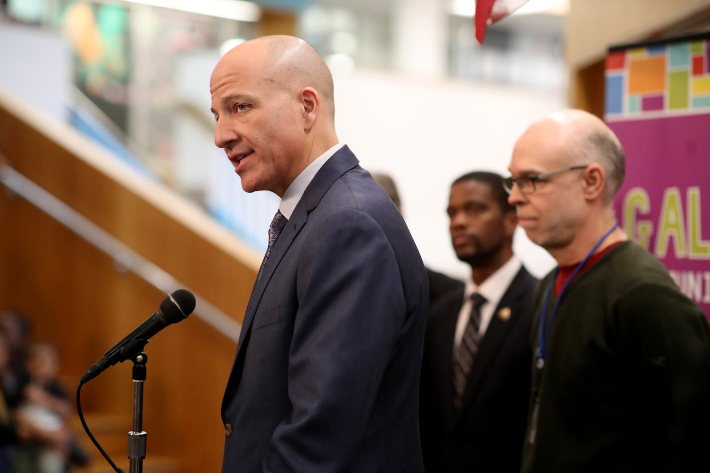 St. Paul Superintendent Joe Gothard left spoke about the St. Paul Federation of Teachers reaching an tentative agreement early Monday, averting a strike that was scheduled to start on Tuesday at Galtier Community School Monday Feb 12, 2018 in St. Paul, MN. Standing next to Gothard is St. Paul Mayor Melvin Carter, and SPFT union president Nick Faber.] JERRY HOLT &#x2022; jerry.holt@startribune.com