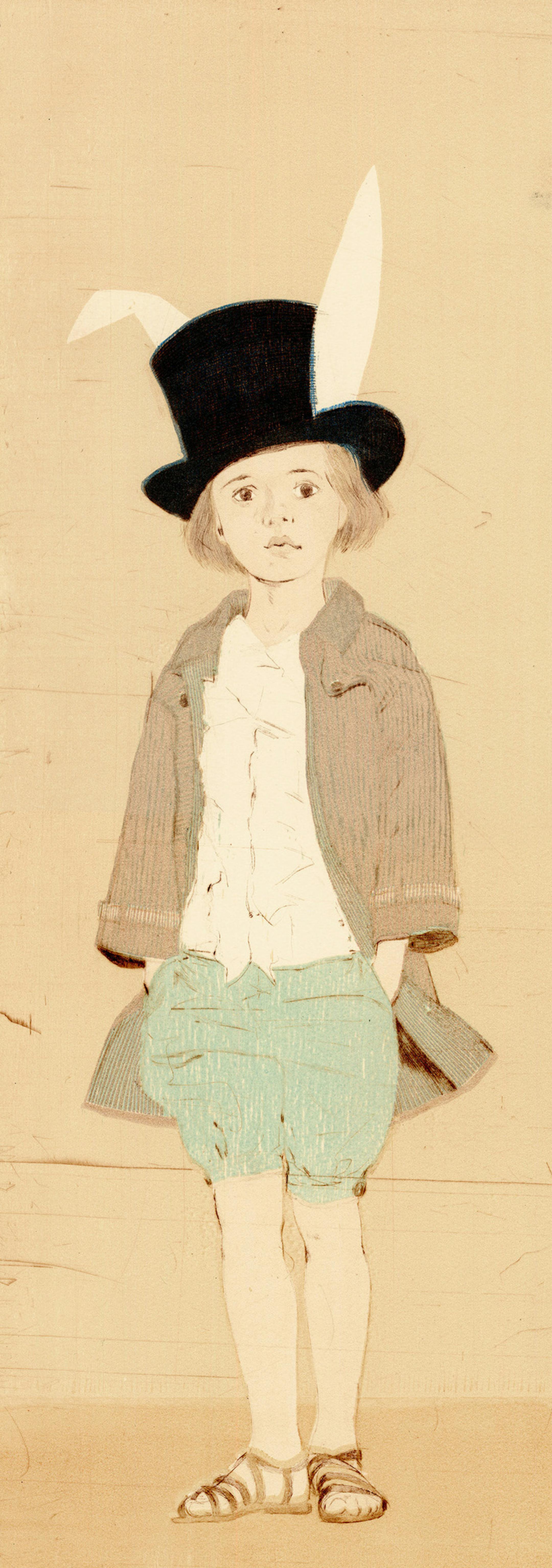 Provided by Groveland Gallery Ellen Heck "The White Rabbit," 2013 woodcut & drypoint mounted on panel 8 x 24‚Äù