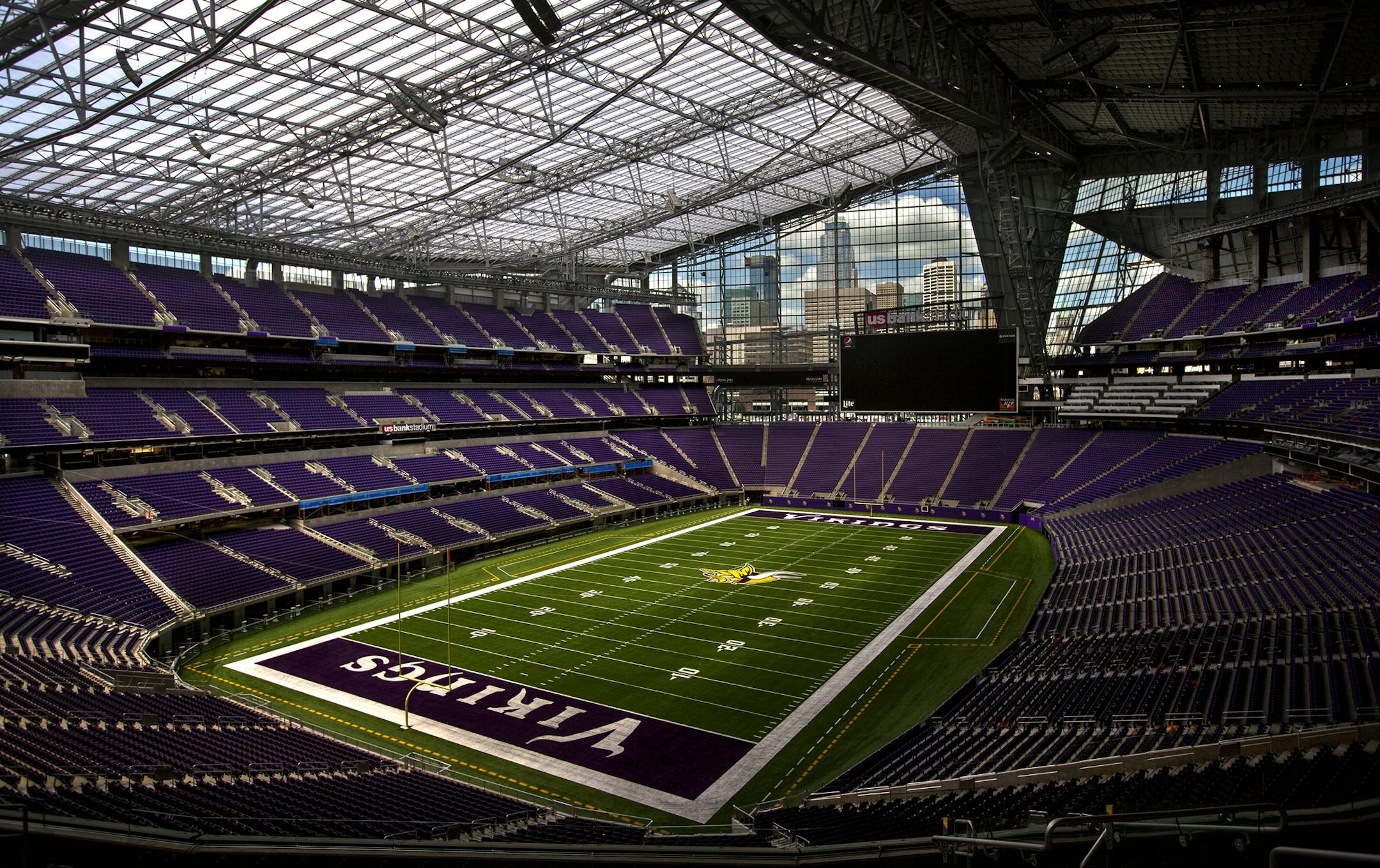 Overall view of US Bank Stadium. ] JIM GEHRZïjames.gehrz@startribune.com (JIM GEHRZ/STAR TRIBUNE) / June 28, 2016/ 10:00 AM , Minneapolis, MN - BACKGROUND INFORMATION: Pix for special section for the opening of the new US Bank Stadium. You will be shooting photos for the special tab section. LEAVE FROM THE OFFICE AT 9:30 -- YOU'LL BE WALKING OVER WITH JENNI AND MARK V. These are photos that we need shot while you are over there: Glamour shot inside stadium showing view out to downtown; Lock