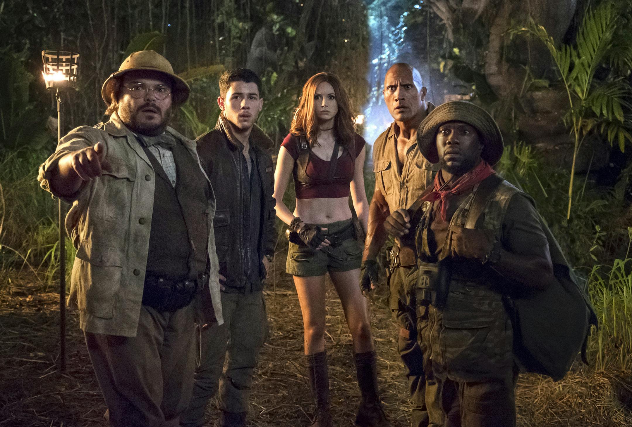 Jack Black, Nick Jonas, Karen Gillan, Dwayne Johnson and Kevin Hart star in the film, "Jumanji: Welcome to the Jungle." (Frank Masi/Sony Pictures) ORG XMIT: 1220441