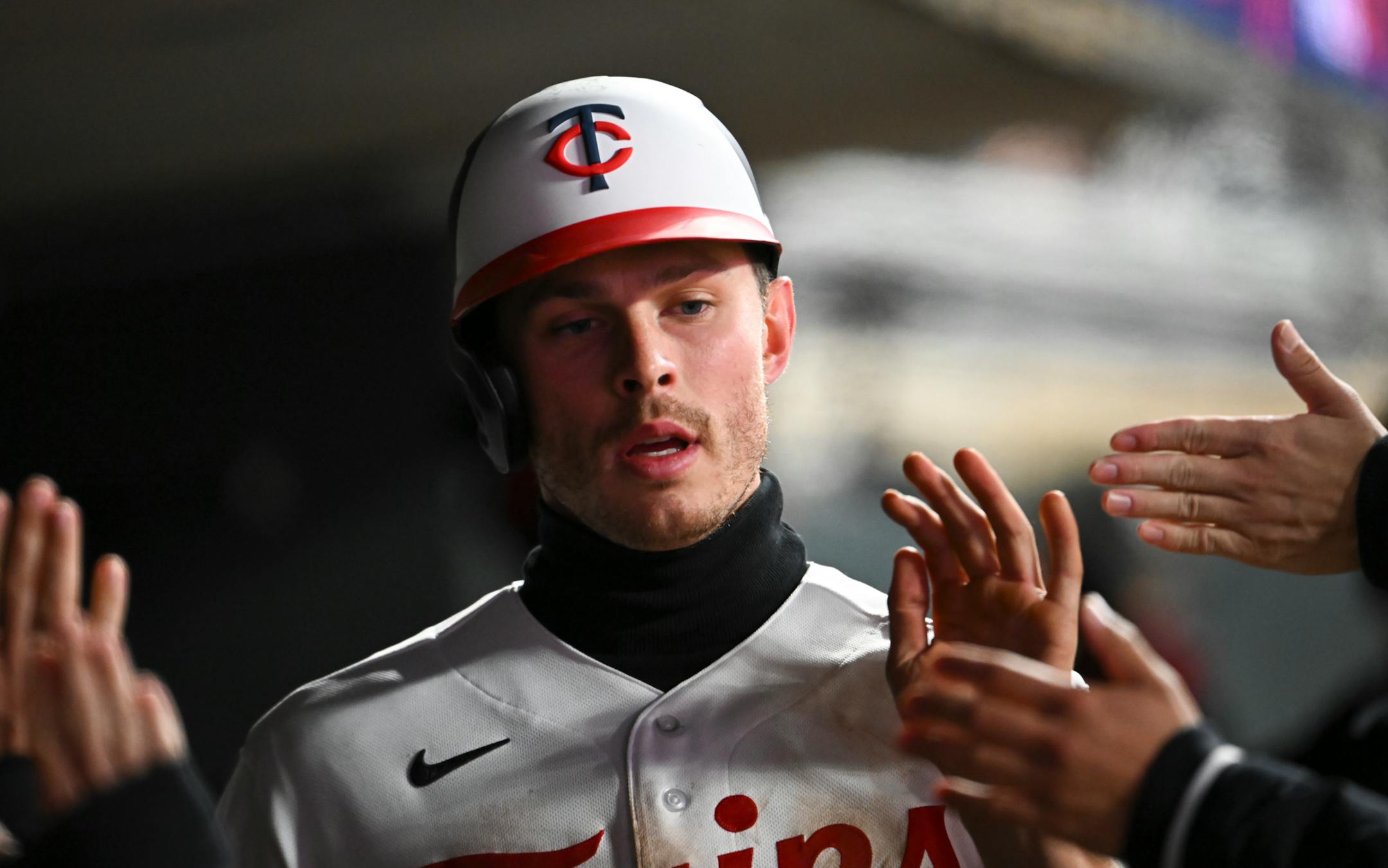 Minnesota Twins right fielder Max Kepler celebrates after scoring a run off a triple his by shortstop Carlos Correa in the bottom of the 8th inning.
