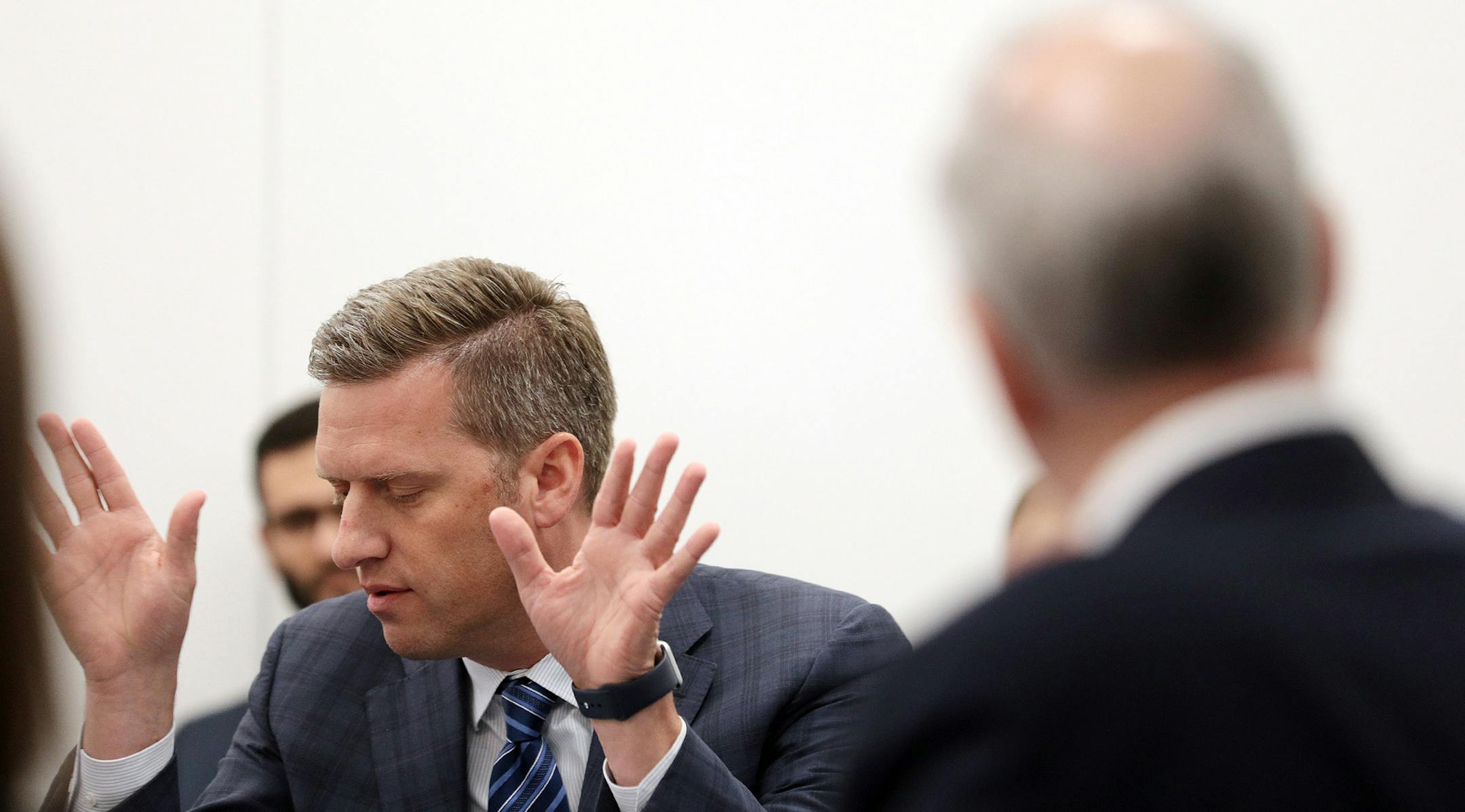 House Speaker Kurt Daudt spared with Gov. Mark Dayton during a meeting they held to discuss the possibility of a special session on health care Friday. ] ANTHONY SOUFFLE • anthony.souffle@startribune.com Gov. Mark Dayton and House Speaker Kurt Daudt held a meeting to discuss the possibility of a special session on health care Friday, Dec. 16, 2016 at the Veterans Service Building in St. Paul, Minn. ORG XMIT: MIN1612161502101879