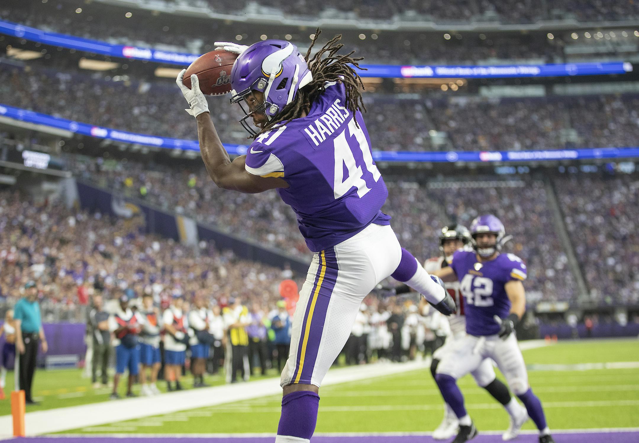 Vikings defensive back Anthony Harris intercepted a ball in the Atlanta Falcon end zone during the third quarter as the Vikings took on the Atlanta Falcons at US Bank Stadium, Sunday, September 8, 2019 in Minneapolis, MN. ] ELIZABETH FLORES • liz.flores@startribune.com