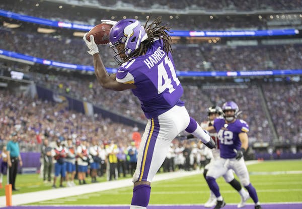 Vikings defensive back Anthony Harris intercepted a ball in the Atlanta Falcon end zone during the third quarter as the Vikings took on the Atlanta Fa