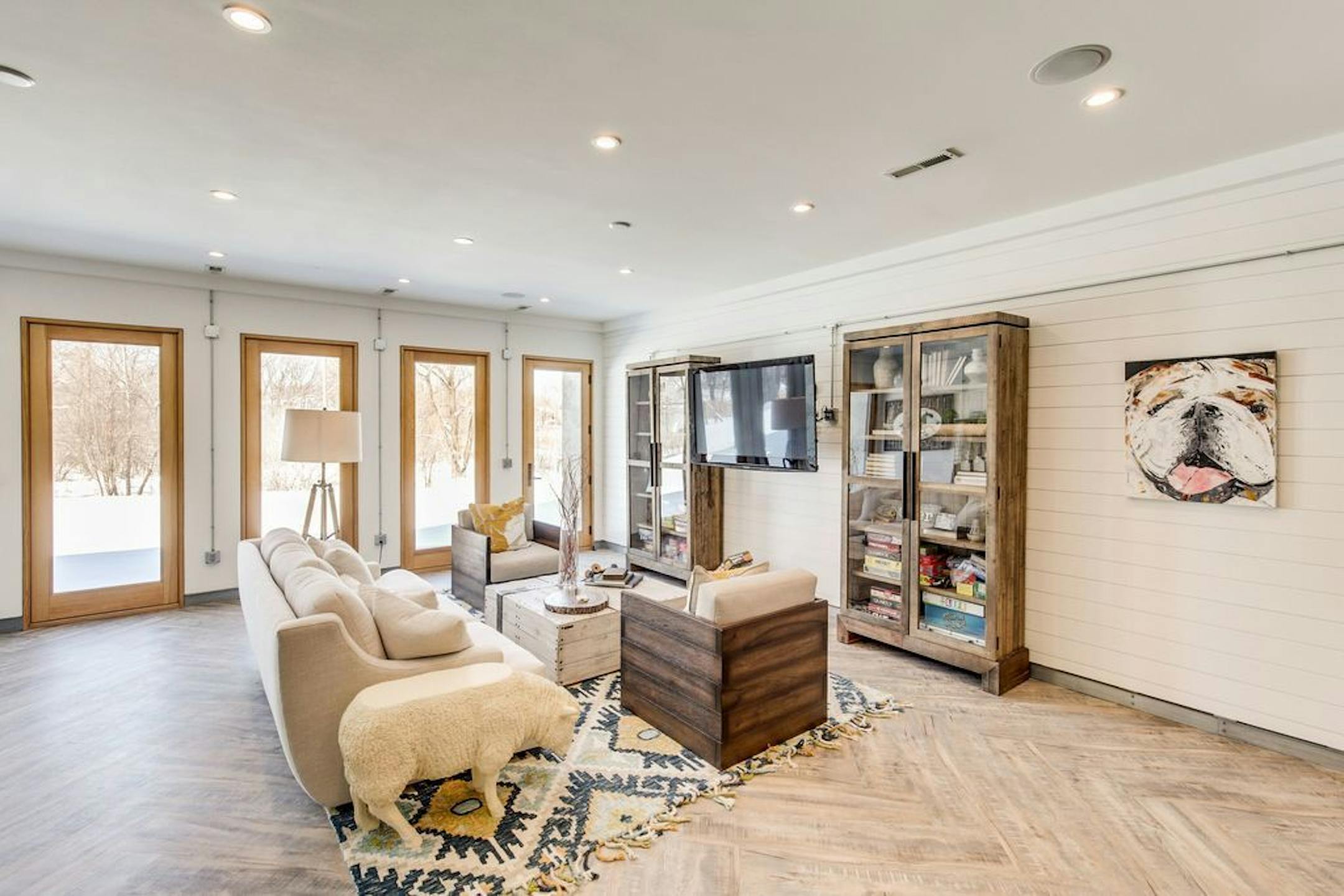 The family room walks out to the backyard.