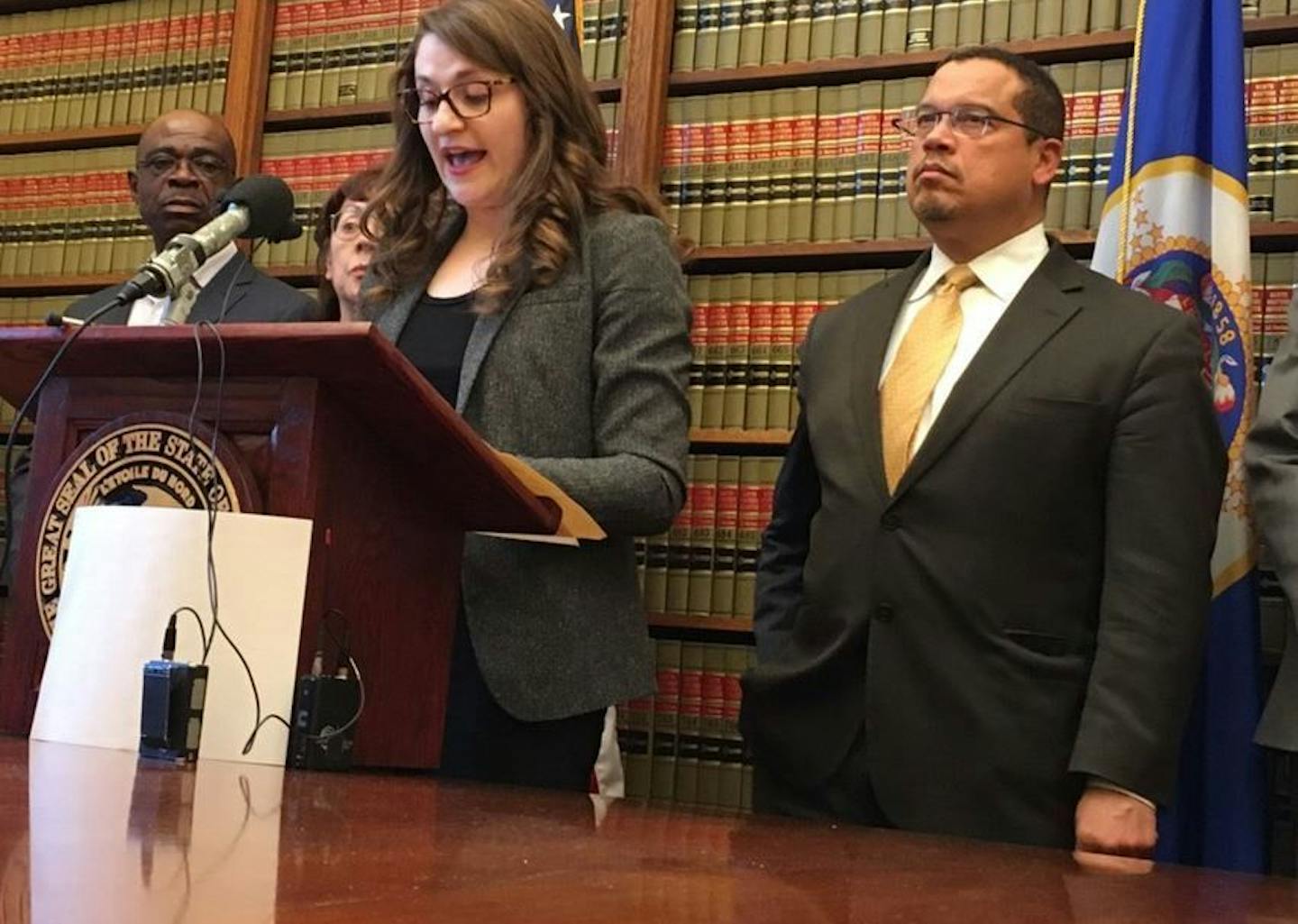 Irina Vaynerman, Deputy Commissioner of the Minnesota Department of Human Rights, and Attorney General Keith Ellison announce a lawsuit against CSL Plasma, Inc. for alleged discrimination against a former transgender client. Photo by Chao Xiong.