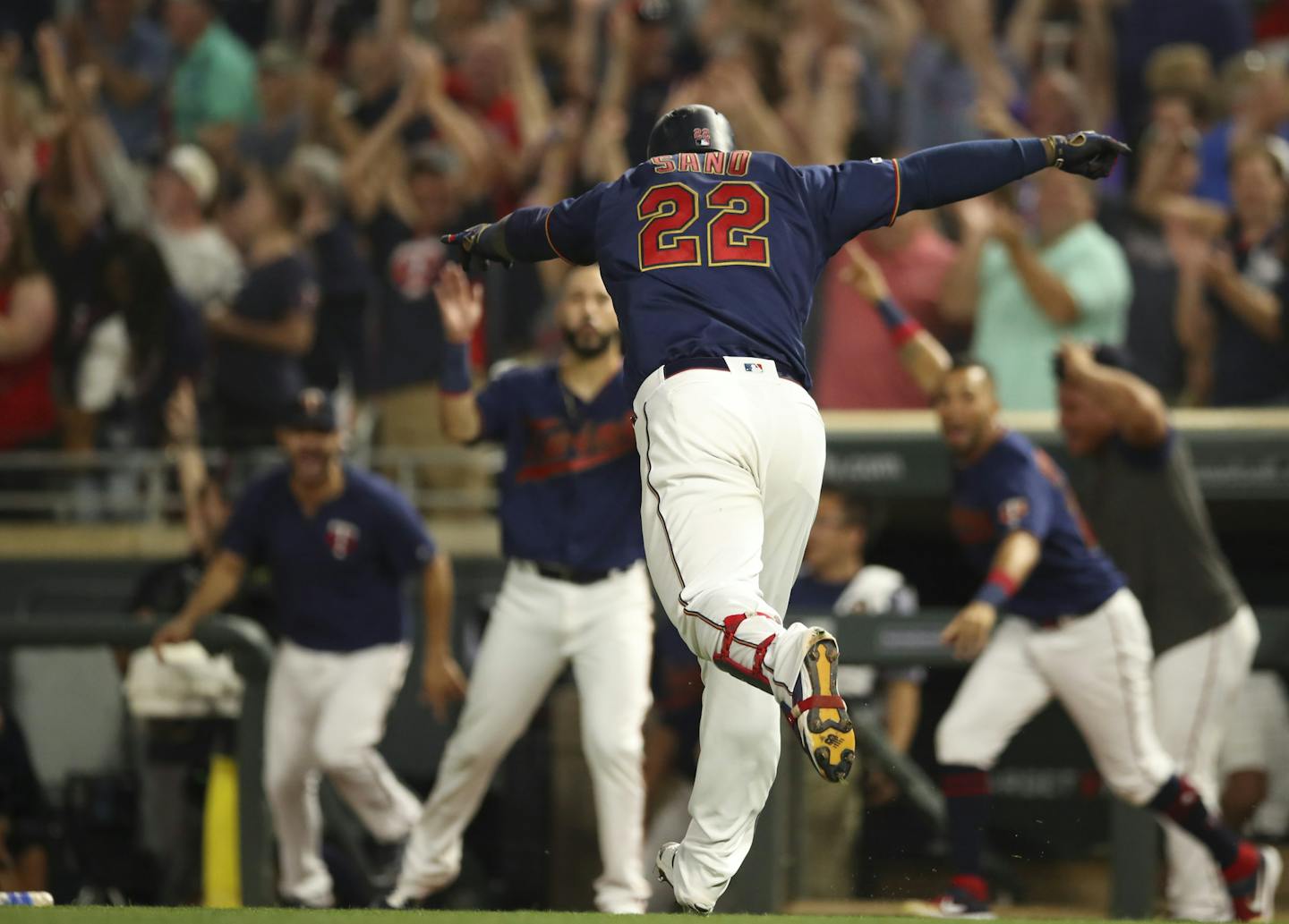 Miguel Sano completed his victory lap after his 443-foot home run to center field. It was the first and only swing Sano took against Braves reliever Chris Martin.