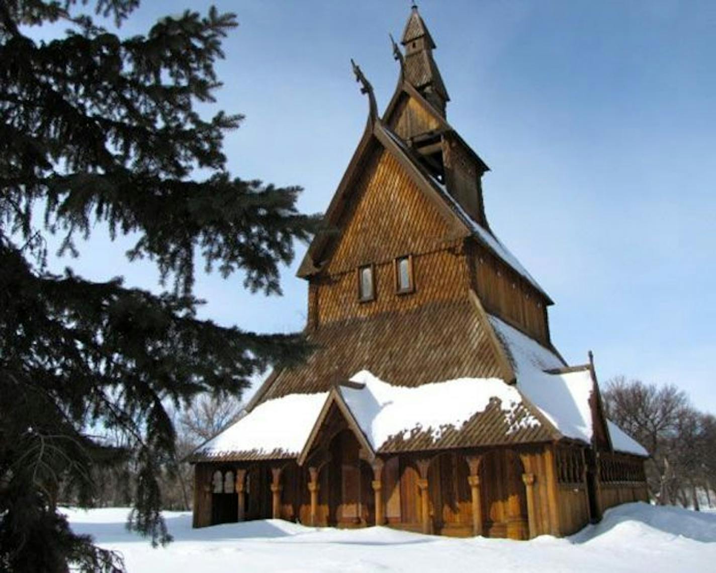 The Hopperstad Church, a replica of a church in Vik, Norway, at the Hjemkomst Center in Moorhead, Minn.