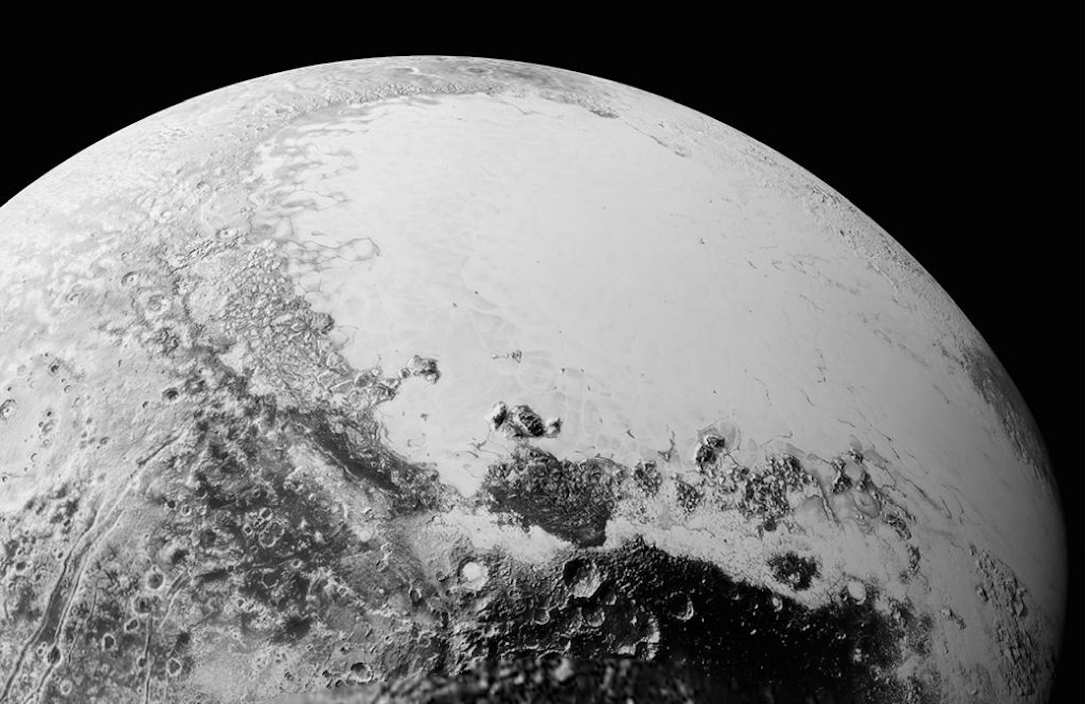 This July 14, 2015, photo provided by NASA shows a synthetic perspective view of Pluto, based on the latest high-resolution images to be downlinked from NASA�s New Horizons spacecraft. The new close-up images of Pluto reveal an even more diverse landscape than scientists imagined before New Horizons swept past Pluto in July.