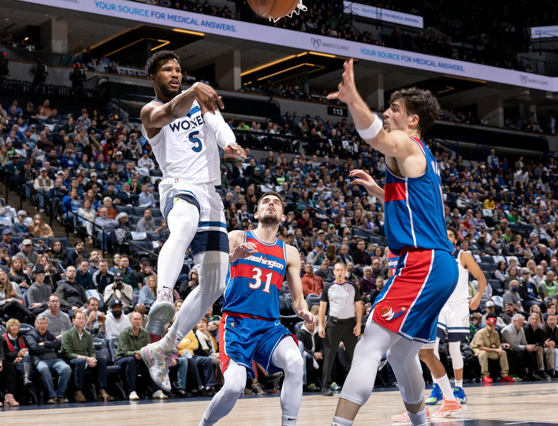 Malik Beasley (5) of the Minnesota Timberwolves passes to a teammate in the second quarter.