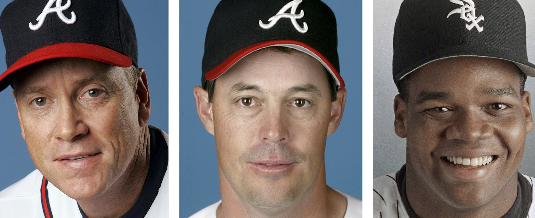 FILE - From left are Tom Glavine in 2008, Greg Maddux in 2008, and Frank Thomas in 1994 file photos.