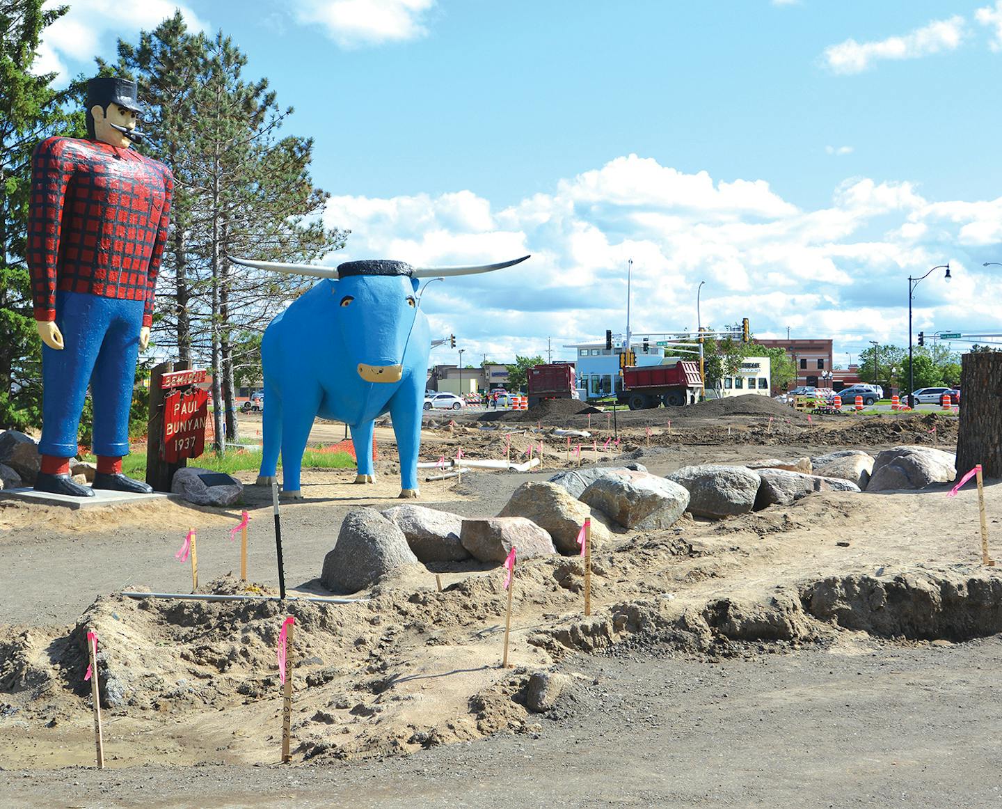 The Bemidji City Council voted 5-2 at Monday's meeting to remove the boulders, mound and stump from the area in front of the Paul Bunyan and Babe the Blue Ox statues that was included in a renovation of the park. Photo credit Jillian Gandsey | Bemidji Pioneer