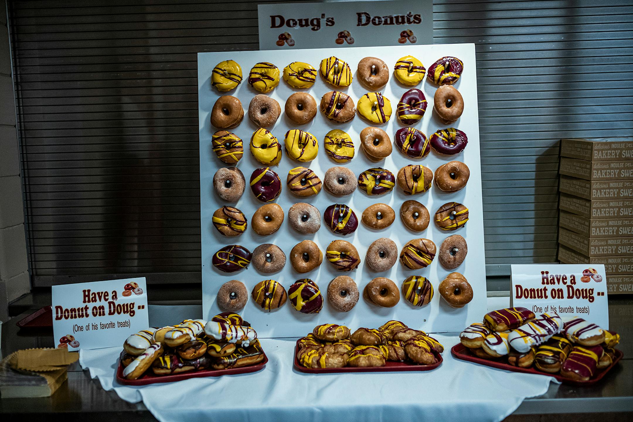 Donuts on display during a celebration of Gophers hockey legend Doug Woog at South St. Paul High School.