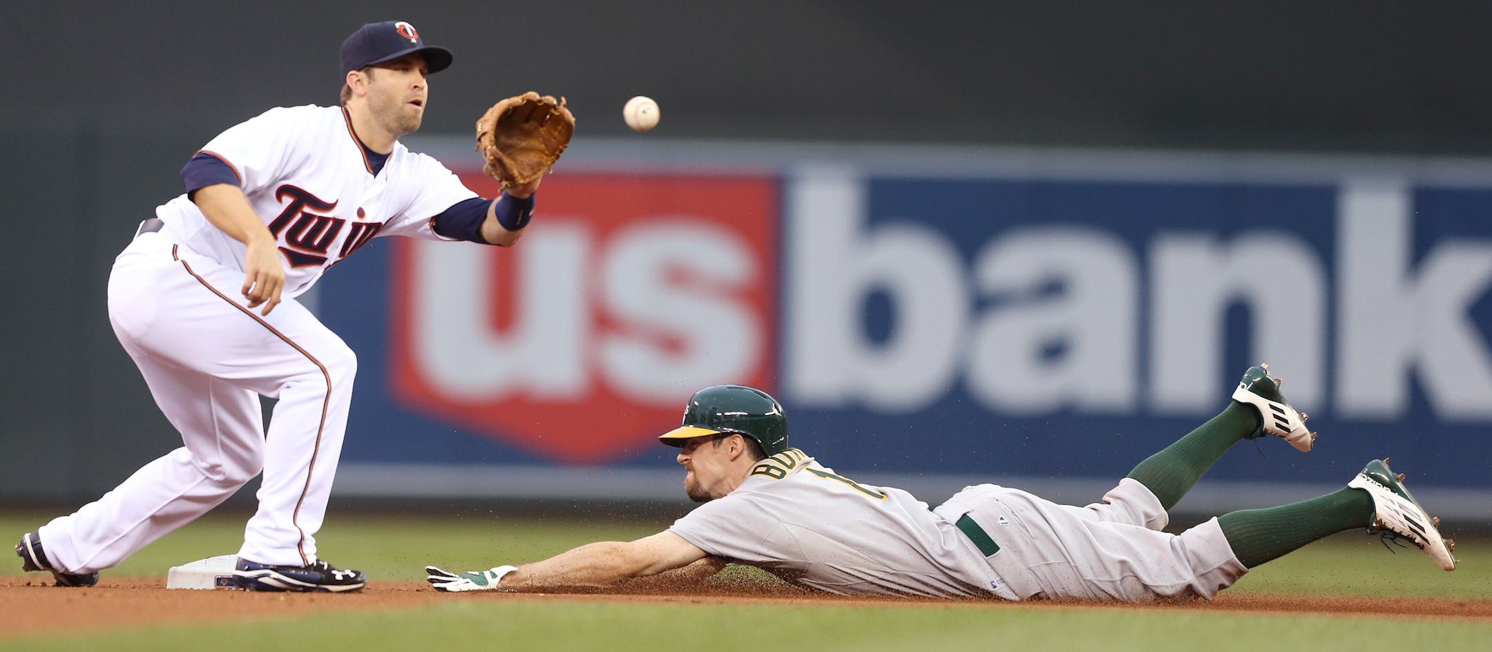 Oakland Athletics center fielder Billy Burns (1) was safe on a stolen base in the first inning.