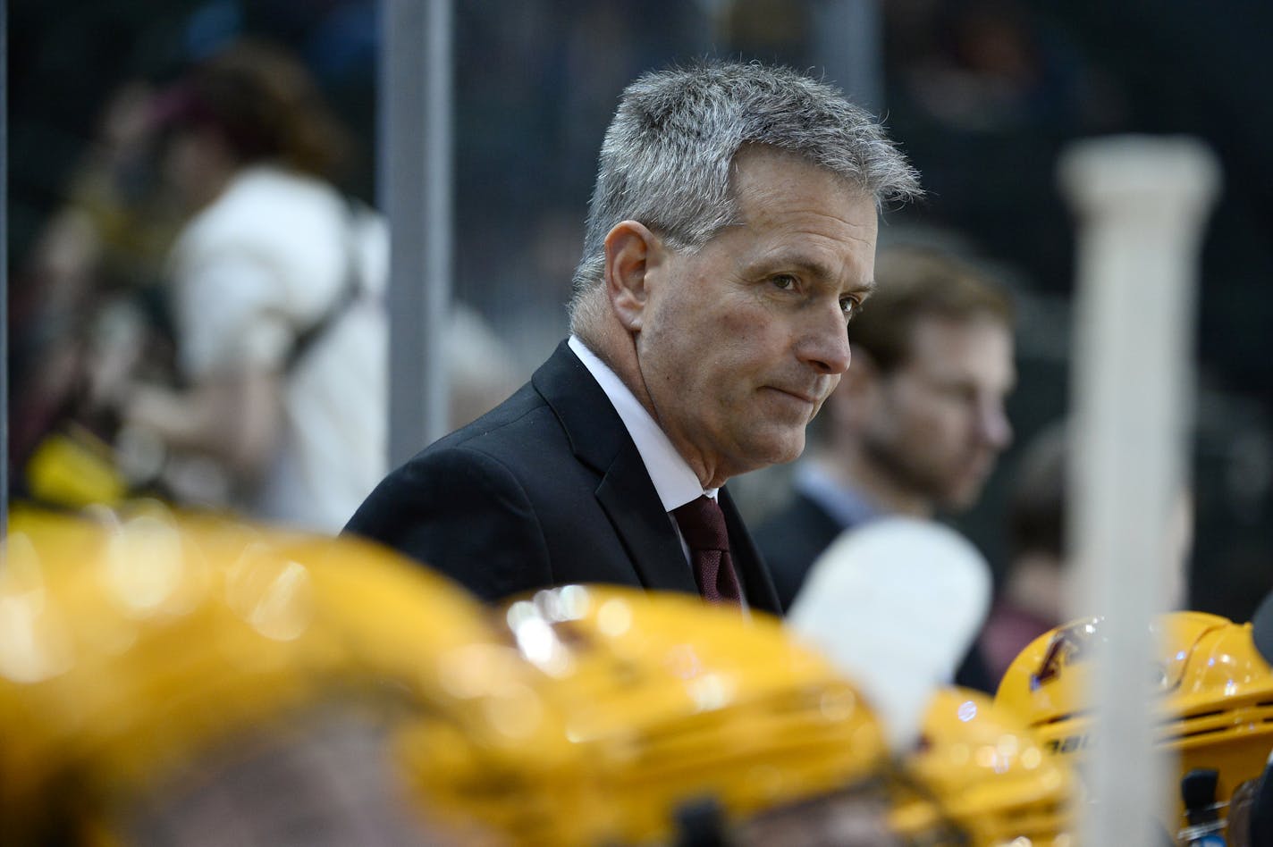 Minnesota Golden Gophers head coach Don Lucia looked on during the second period Friday. ] (AARON LAVINSKY/STAR TRIBUNE) aaron.lavinsky@startribune.com The University of Minnesota Golden Gophers men's hockey team played the Ohio State University Buckeyes in a Big Ten Tournament semifinal game on Friday, March 18, 2016 at Xcel Energy Center in St. Paul, Minn.