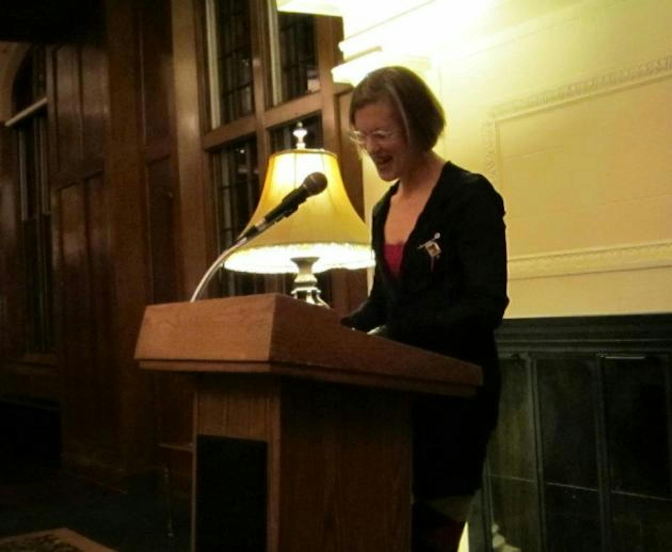 Sarah Stonich read a piece that was set Up North during the Christmas holidays. It involved a moose, and --- I really cannot tell you what else because this is a family newspaper. But it was very vivid, and very funny.