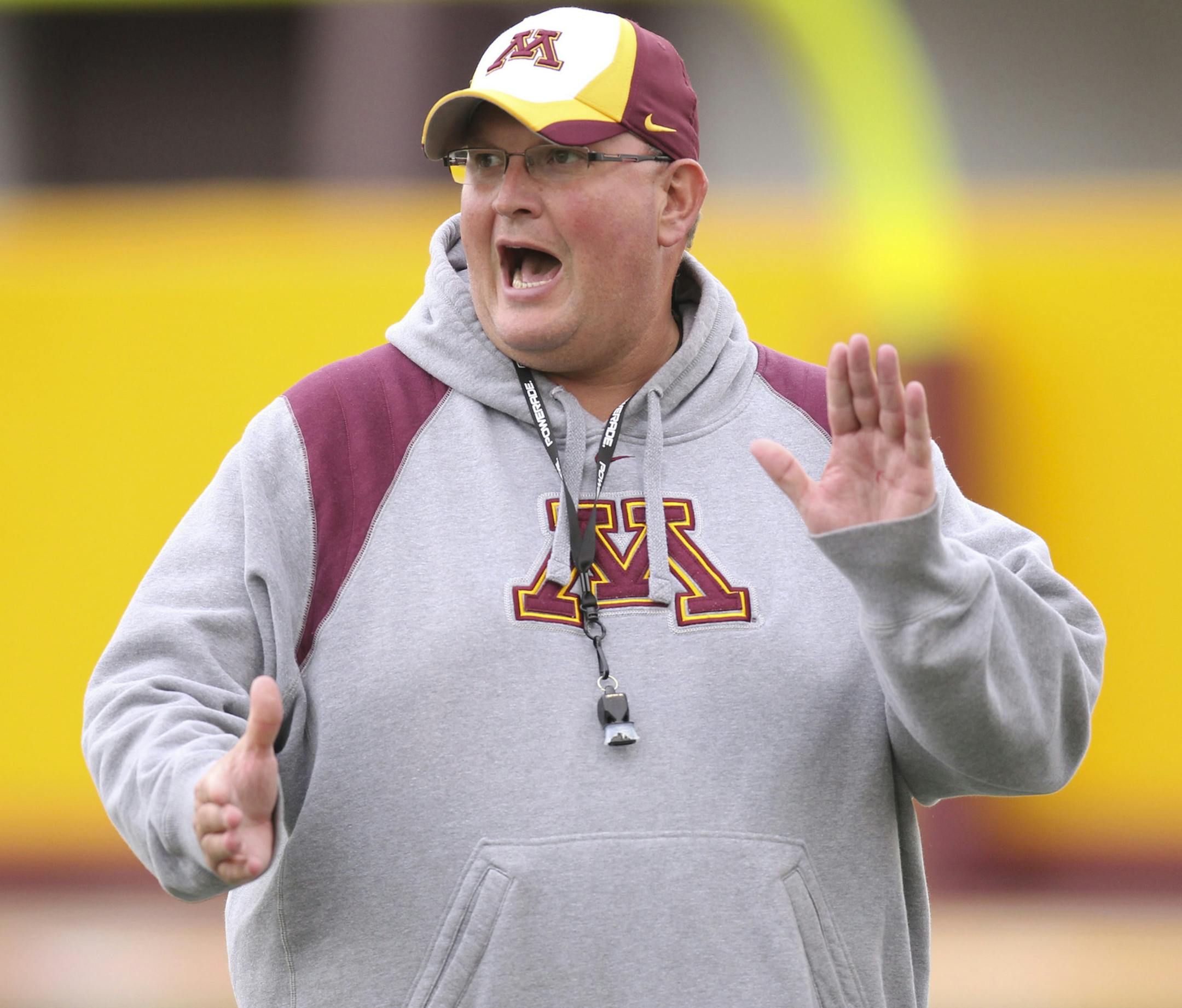 University of Minnesota Gopher football defensive coordinator Tracy Claeys is one of the coaches stepping in for head coach Jerry Kills while he undergoes tests at the Mayo Clinic. He is shown calling for practice to begin Tuesday afternoon, September 27, 2011, at the outdoor practice field at the Bierman Athletic Complex in Minneapolis, Minn. ] JEFF WHEELER &#xef; jeff.wheeler@startribune.com ORG XMIT: MIN2015102811014022