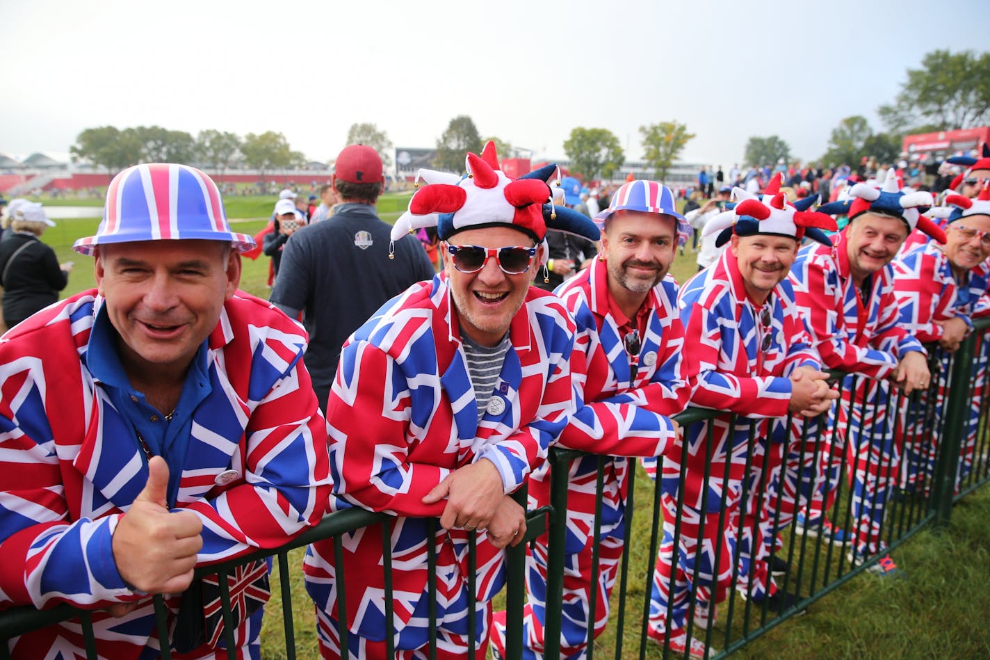 European fans wearing their colors during the 2016 Ryder Cup, Friday morning play at Hazeltine National Golf Club in Chaska, Minnesota, with foursomes competition.