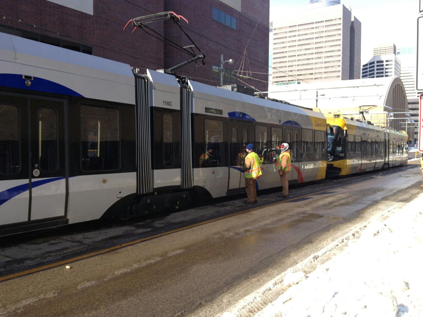 A light-rail train was stopped on South 5th Street and Portland Avenue in Minneapolis.