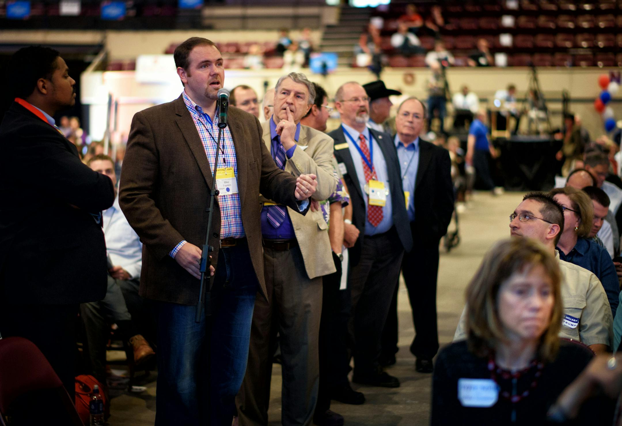 Delegates stood in line to object to changes in the GOP party constitution and bylaws. ] GLEN STUBBE * gstubbe@startribune.com
