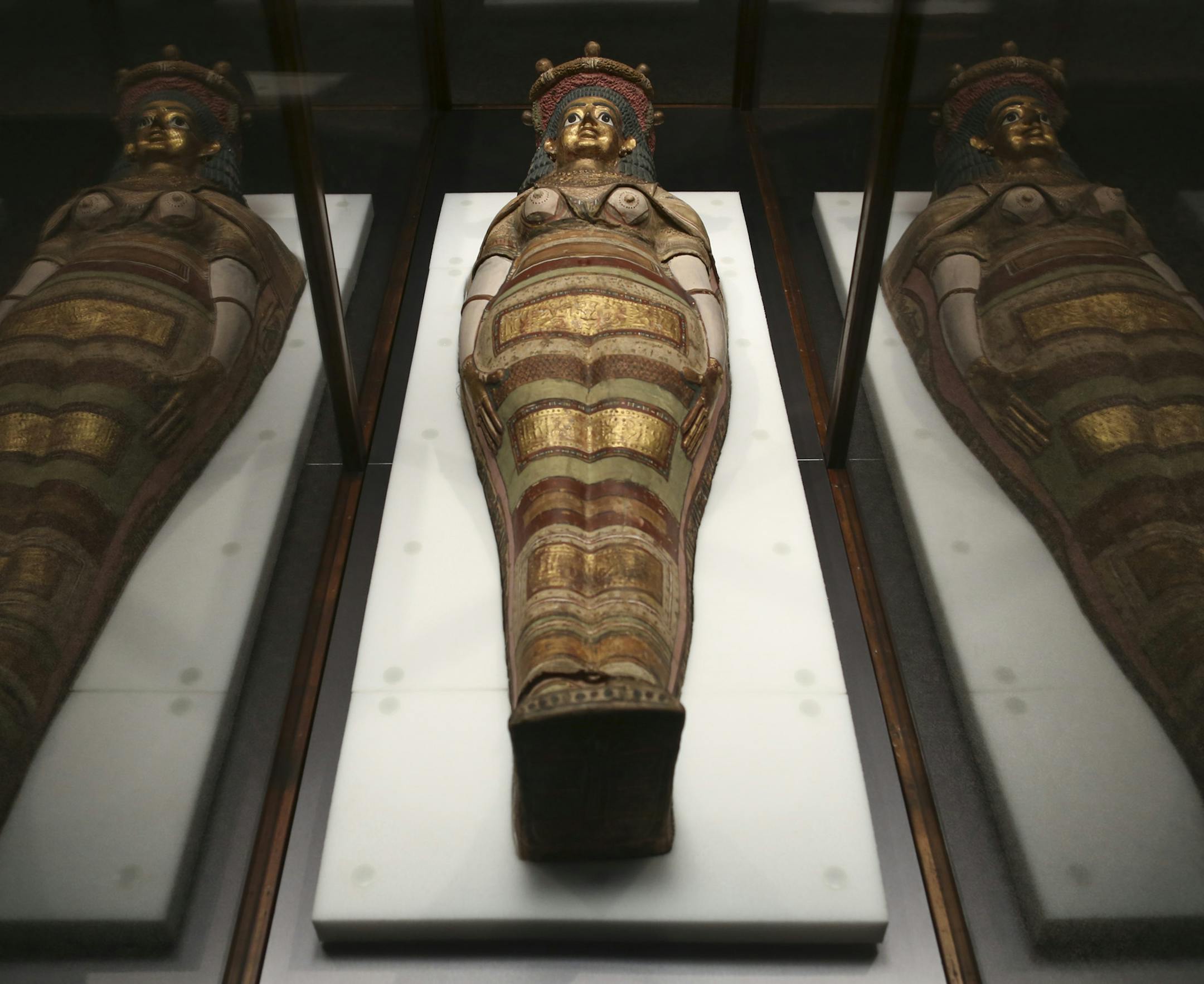 A coffin lid from Egypt, circa AD 250. The lack of hieroglyphs and the woman's clothes and hairstyle reflect the Egypt had become a province of the Roman Empire during this period. ] JEFF WHEELER ï jeff.wheeler@startribune.com The exhibit Mummies: New Secrets from the Tombs is at the Science Museum of Minnesota in St. Paul through Labor Day. Employing modern technology such as CT scanning, researchers have been able to examine mummies from Peru and Egypt in ways that weren't previously poss