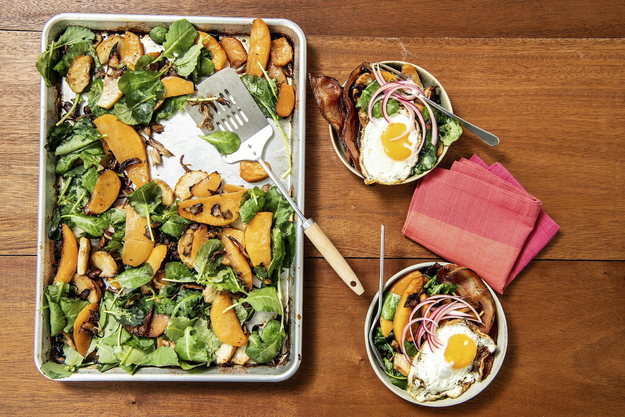 Hearty rutabaga and mushroom hash, basted in bacon fat and served with fried eggs, is a perfect breakfast for a crowd.