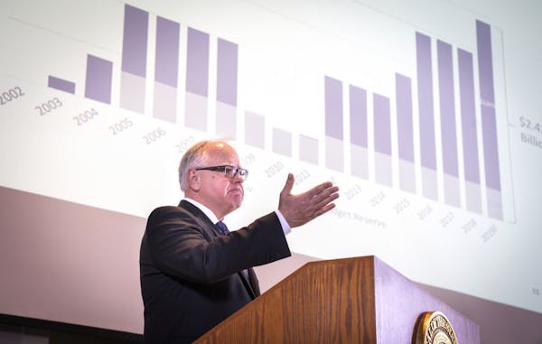 Governor Tim Walz speaks during the Budget and Economic Forecast in the Department of Revenue building in St. Paul, Minn., on Thursday, Feb. 28, 2019.