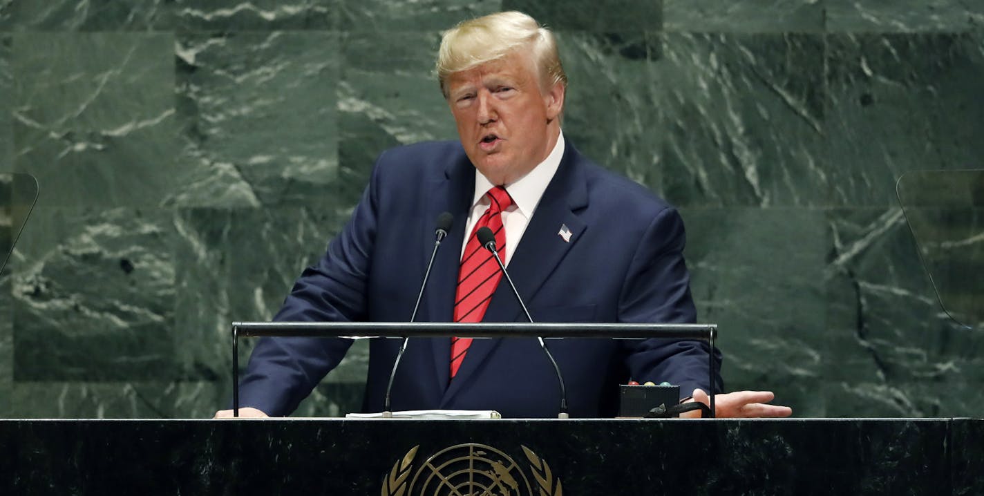 U.S. President Donald Trump addresses the 74th session of the United Nations General Assembly, Tuesday, Sept. 24, 2019. (AP Photo/Richard Drew)