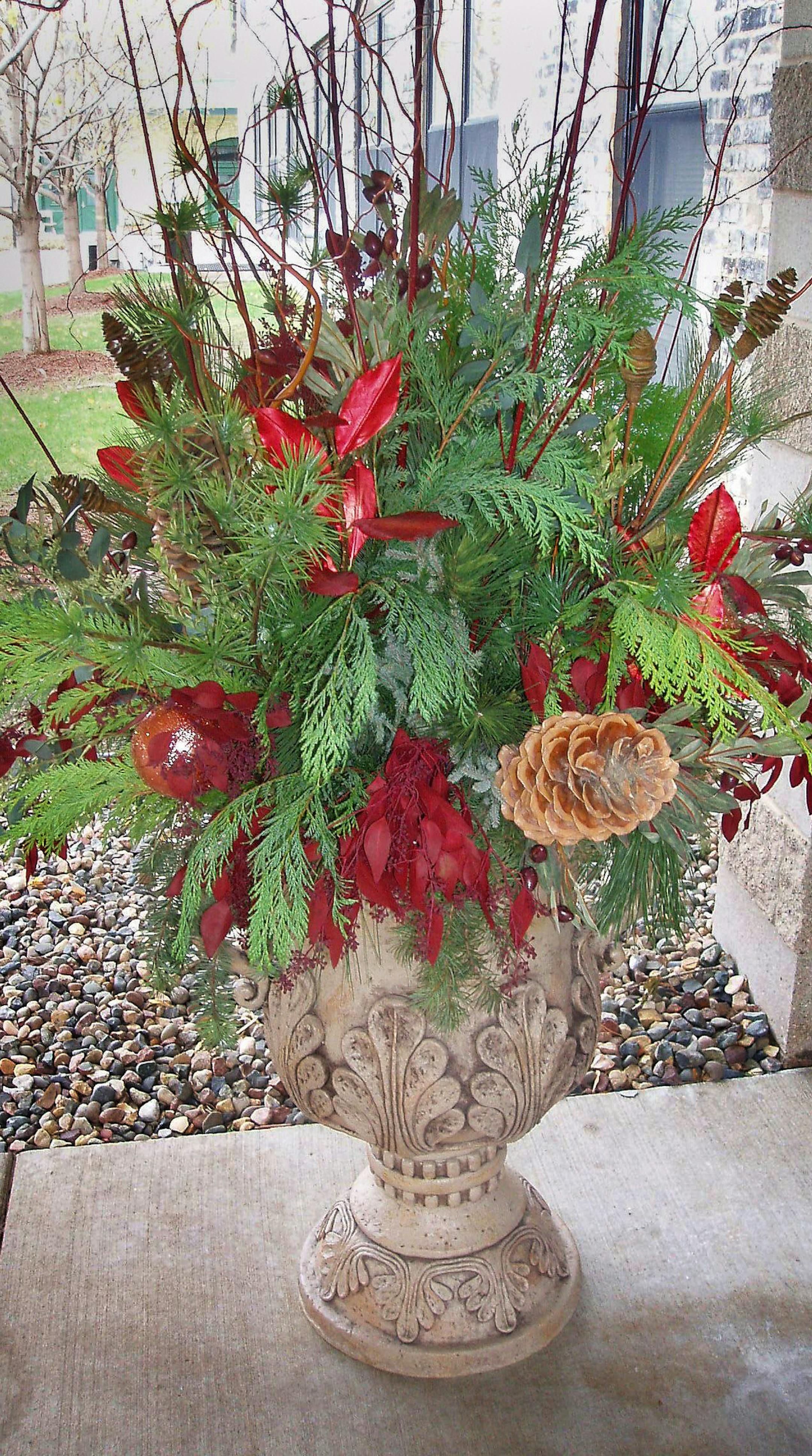 Troy Luna of Minneapolis uses trimmings from trees √ë junipers, conifers, even red twig dogwood and curly willow √ë to fill his winter containers. While most of his materials are harvested from nature, he adds a few store-bought accents to the mix, including artificial olive branches and a Christmas ornament or two. ORG XMIT: MIN2013102812320121