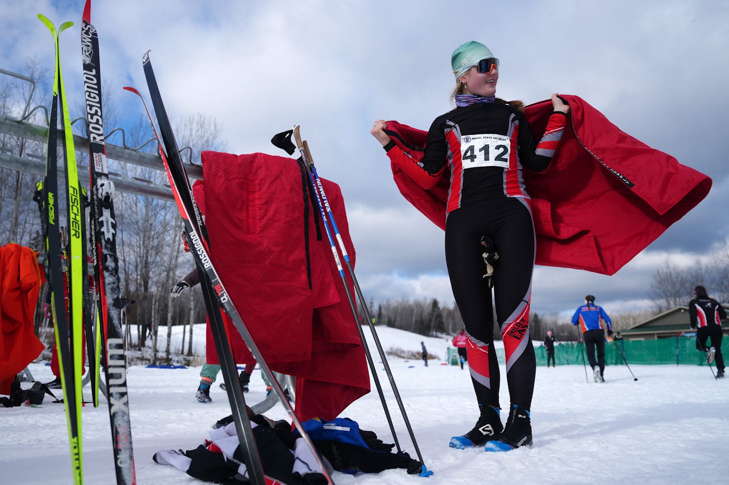 Duluth East senior Lydia Kraker waits to compete in the Girls Classic Interval Start race during the Minnesota High School Nordic Ski Racing Championships Wednesday, Feb. 14, 2024 at Giants Ridge Resort in Biwabik, Minn.  ] ANTHONY SOUFFLE • anthony.souffle@startribune.com