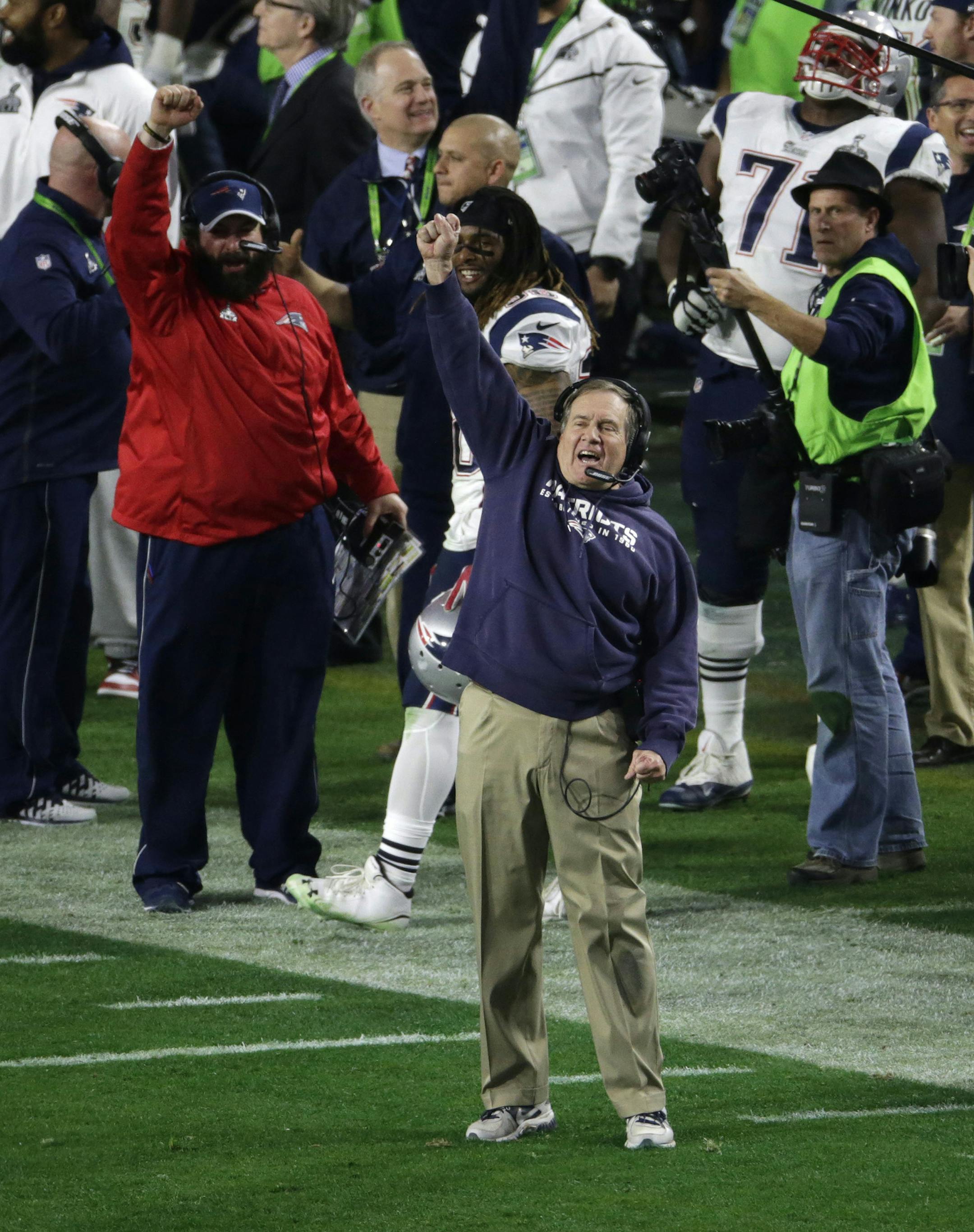 Patriots coach Bill Belichick celebrates victory after winning Super Bowl XLIX 28-24 over the Seattle Seahawks at the University of Phoenix Stadium on February 1, 2015 in Glendale, Ariz. (Francis Specker/Landov/TNS)