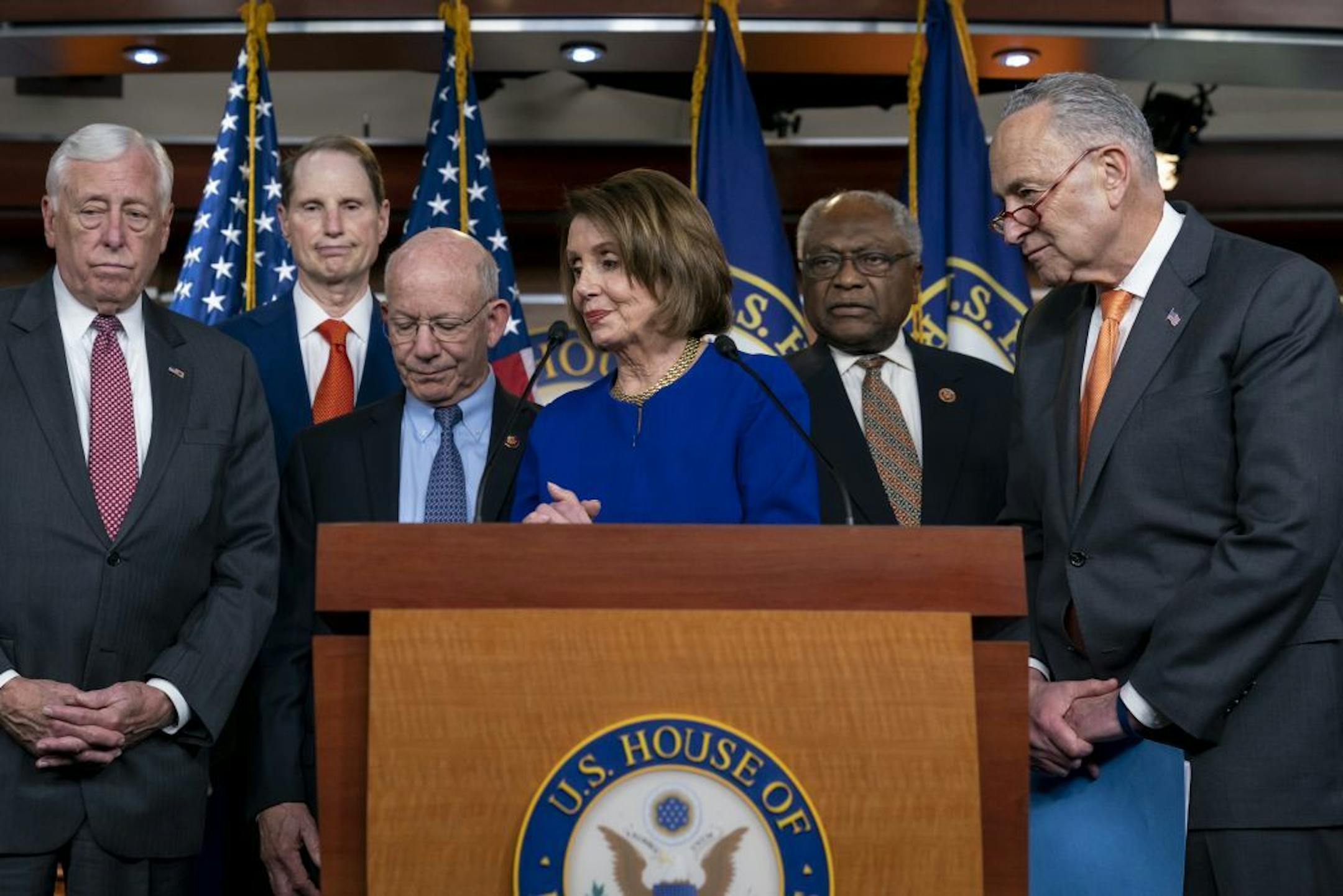 Speaker of the House Nancy Pelosi, D-Calif., center, Senate Minority Leader Chuck Schumer, D-N.Y., right, and from left, House Majority Leader Steny Hoyer, D-Md., Sen. Ron Wyden, D-Ore., House Transportation and Infrastructure Committee Chair Peter DeFazio, D-Ore., Speaker Pelosi, House Majority Whip James E. Clyburn, D-S.C., leave a news conference after telling reporters about a failed meeting with President Donald Trump at the White House on infrastructure, at the Capitol in Washington, Wedne