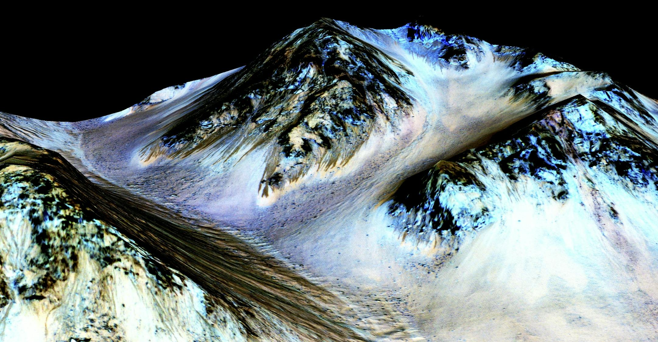 In an undated handout photo, dark streaks, known as recurring slope linae, observed at Hale Crater on Mars. Scientists reported on Monday definitive signs of liquid water on the surface of present-day Mars, a finding that will fuel speculation that life, if it ever arose there, could persist to now. (Jet Propulsion Laboratory/University of Arizona/NASA) -- NO SALES; FOR EDITORIAL USE ONLY WITH STORY SLUGGED MARS WATER BY KENNETH CHANG. ALL OTHER USE PROHIBITED. --