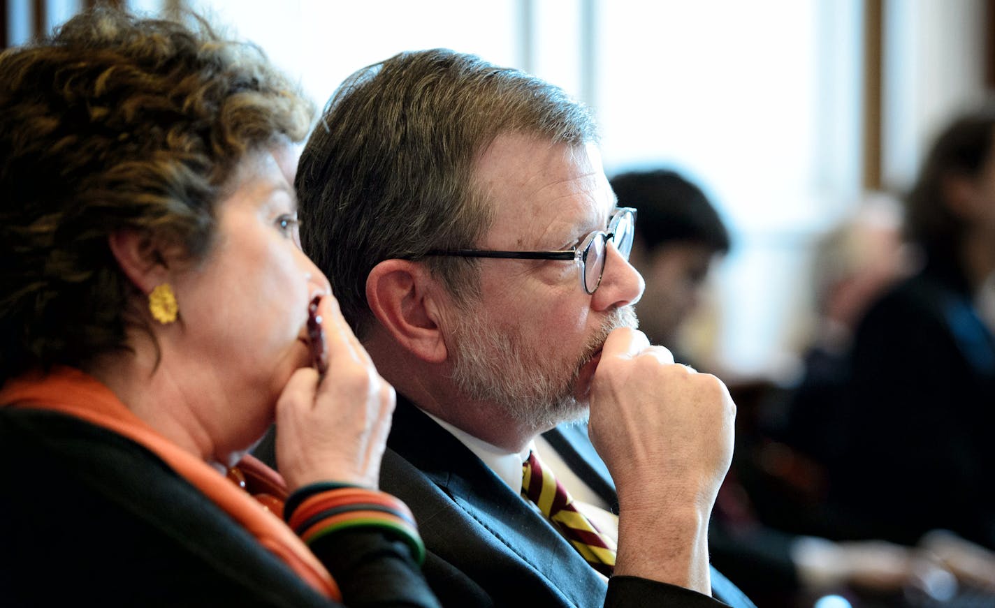 U of M Regent Dr. Patricia Simmons whispered to President Eric Kaler as Auditor James Nobles delivered their report related to the death of Dan Markingson. ] GLEN STUBBE * gstubbe@startribune.com Thursday, March 19, 2015 The state&#x2019;s legislative auditor James Nobles recommended that the University of Minnesota should suspend all new psychiatric drug trials until lapses in patient protections and ethical oversight are addressed in its psychiatry department. He testified before the Senate Hi