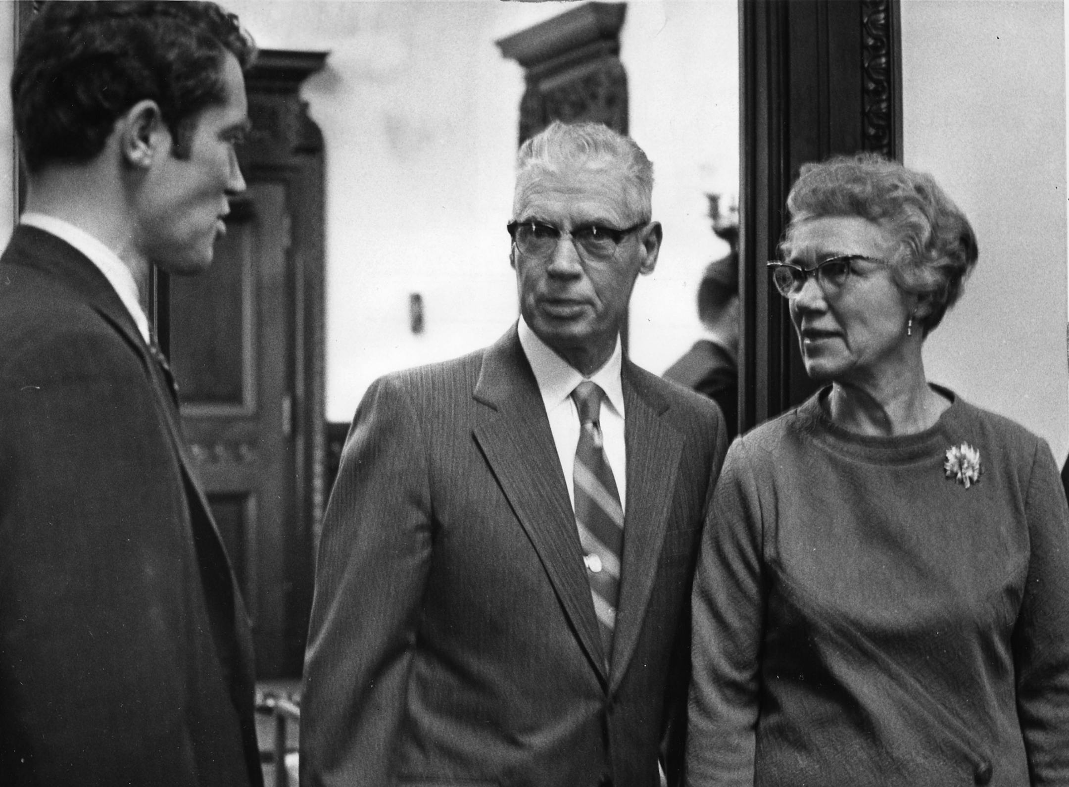 Gov. Wendell Anderson with his parents Theodore "Ted" and Gladys Anderson shortly after his swearing-in ceremony at the State Capitol, Monday, January 4, 1971. Minneapolis Tribune staff photo by Mike Zerby.