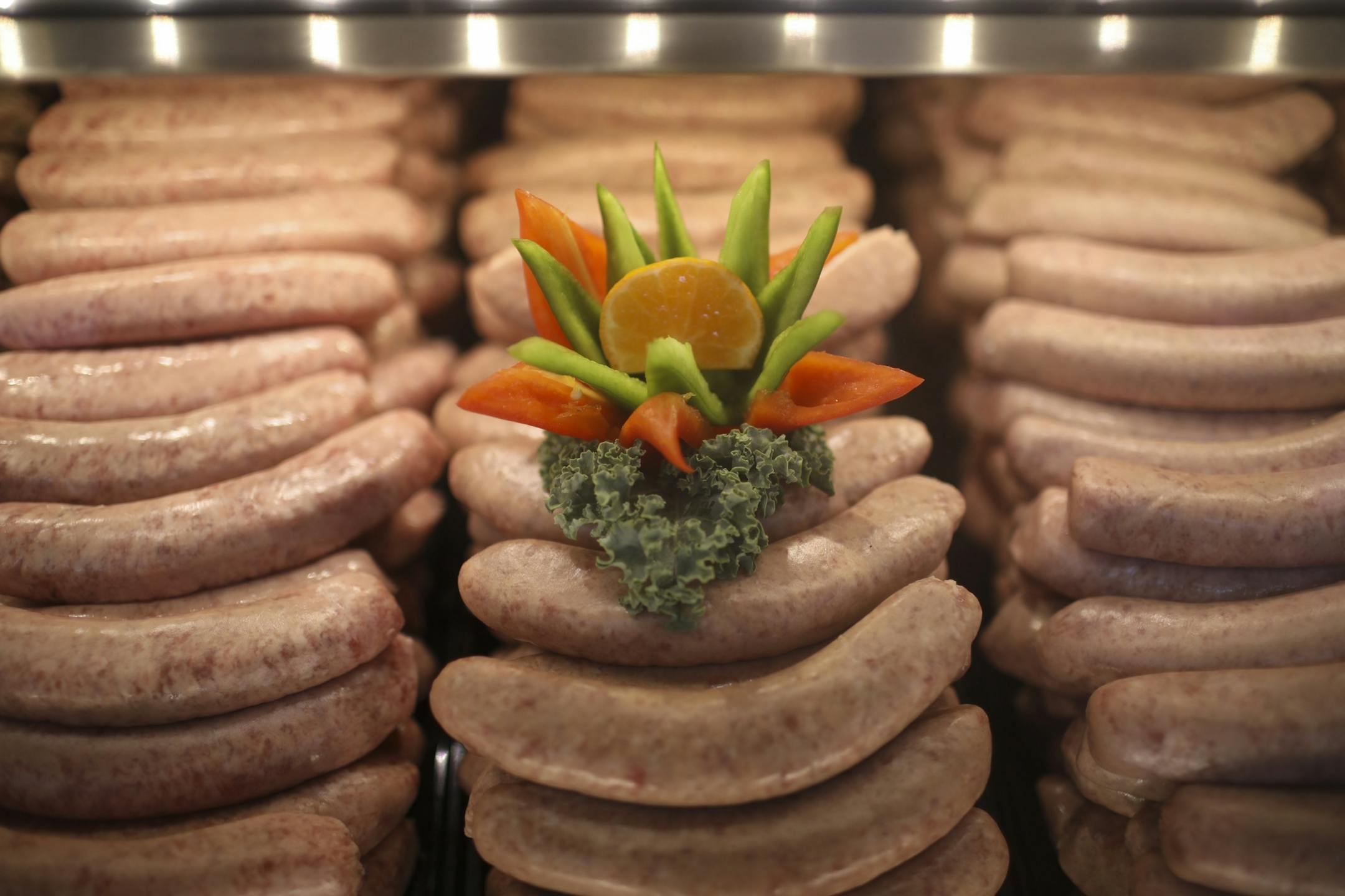 Custom made bratwurst choices in the meat department of the new Hy-Vee in Cottage Grove.