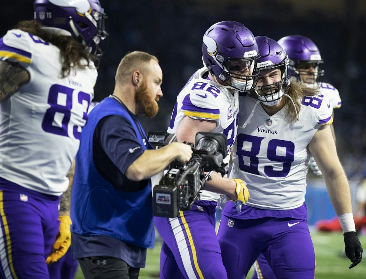 Minnesota Vikings tight end Kyle Rudolph (82) left a tight end David Morgan (89) celebrated Rudolph's 44-yard touchdown in the second quarter at Ford Field Sunday December 23, 2018 in Detroit, MI.