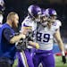 Minnesota Vikings tight end Kyle Rudolph (82) left a tight end David Morgan (89) celebrated Rudolph's 44-yard touchdown in the second quarter at Ford 