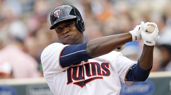 Twins rookie designated hitter Miguel Sano is out of the lineup because of a right ankle sprain suffered before yesterday's game.