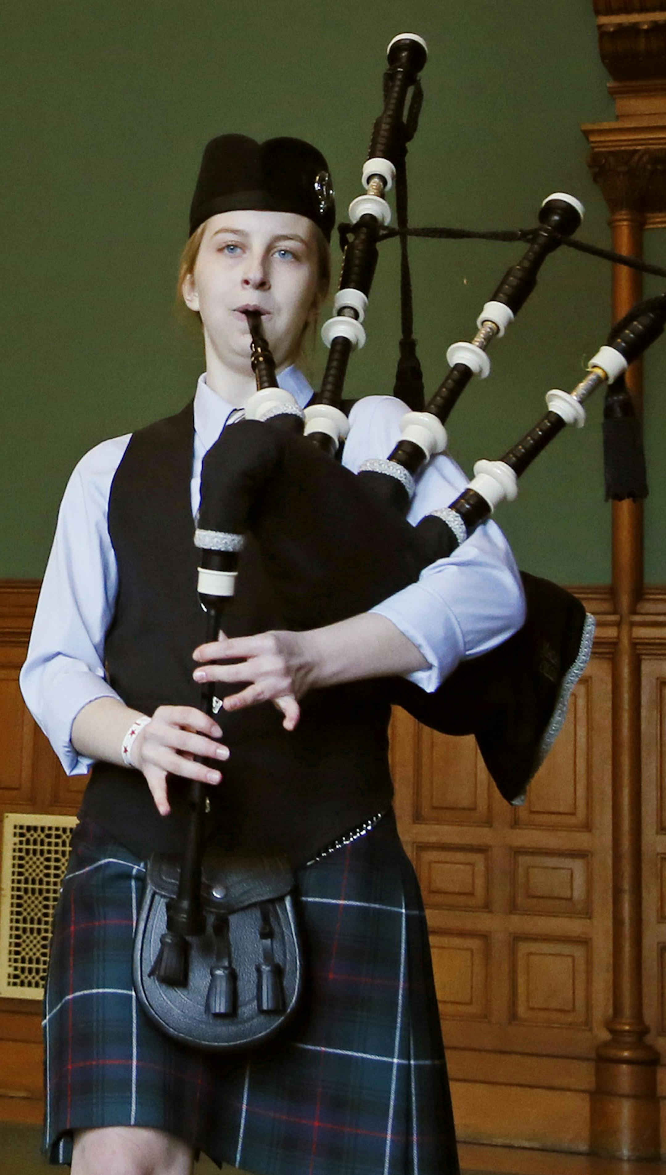Sydney Howieson a member of the Macalester College Pipe band competed in the regional solos competition between bagpipers Sunday during the Scottish Ramble at the Landmark center February 15, 2015 in St. Paul, MN. ] Jerry Holt/ Jerry.Holt@Startribune.com